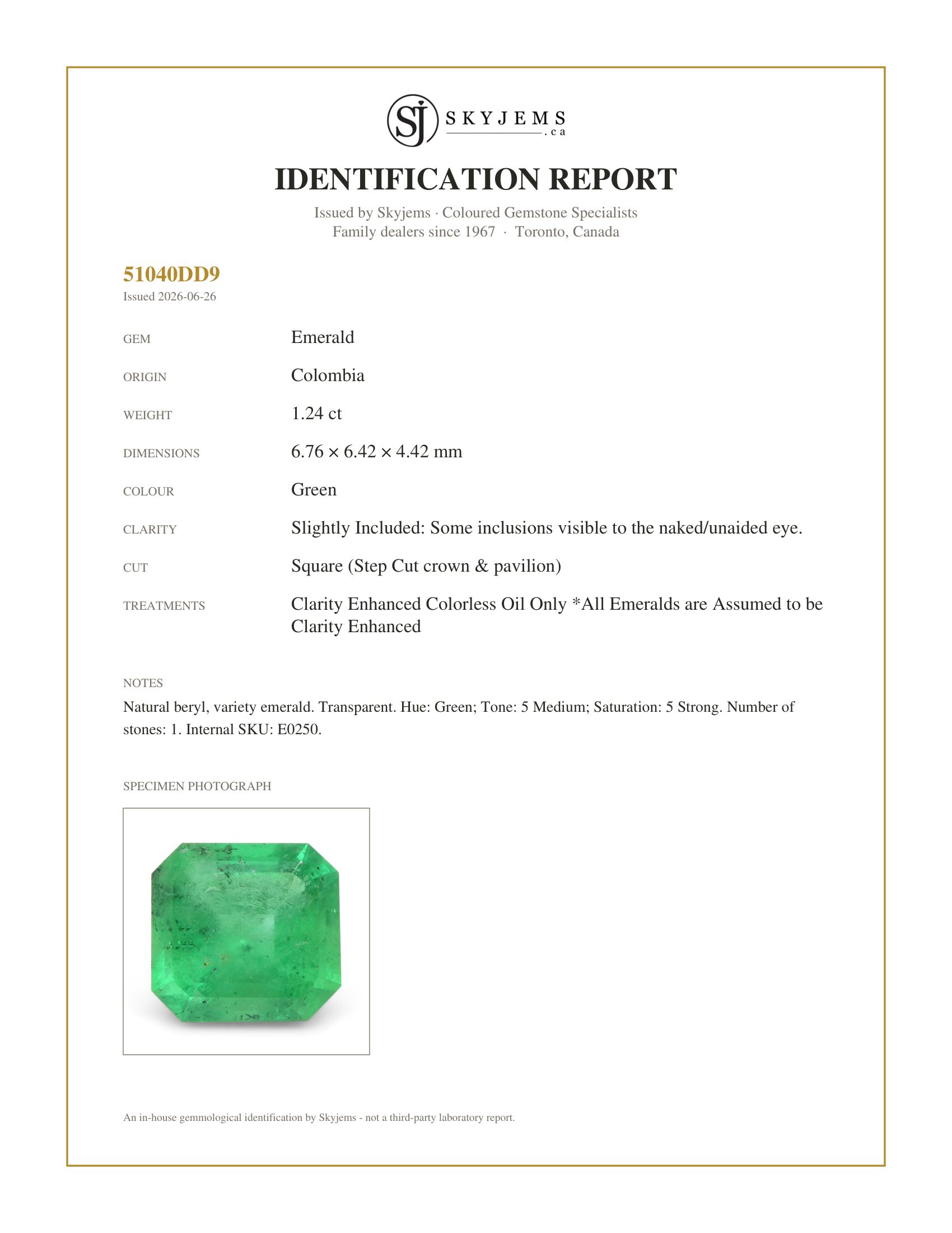 Skyjems Identification Report for E0250 — 1.24ct Square Green Emerald from Colombia