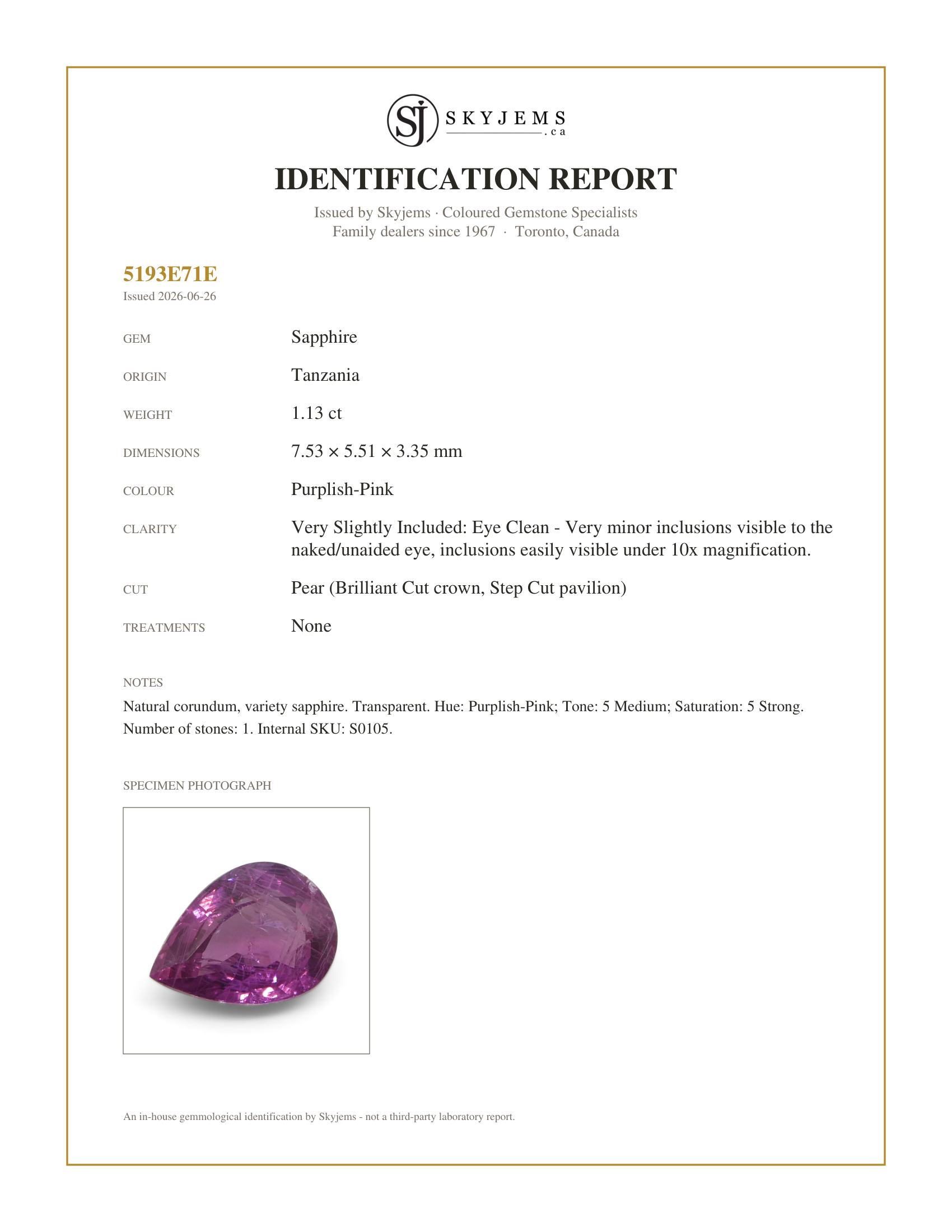 Skyjems Identification Report for S0105 — 1.13ct Pear Pink Sapphire from Tanzania Unheated