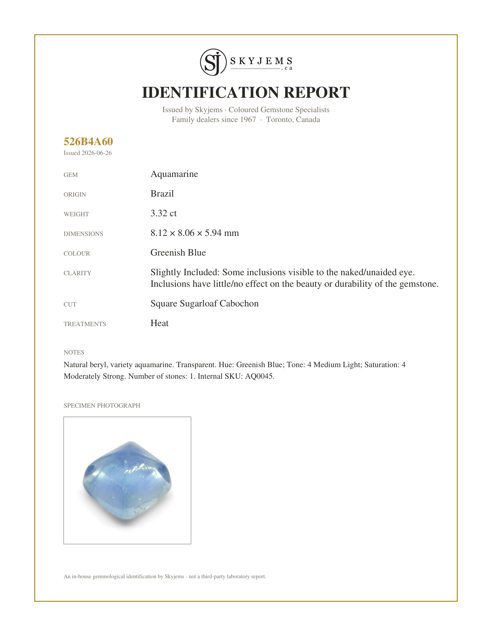 Skyjems Identification Report for AQ0045 — 3.32ct Square Sugarloaf Cabochon Blue Aquamarine from Brazil