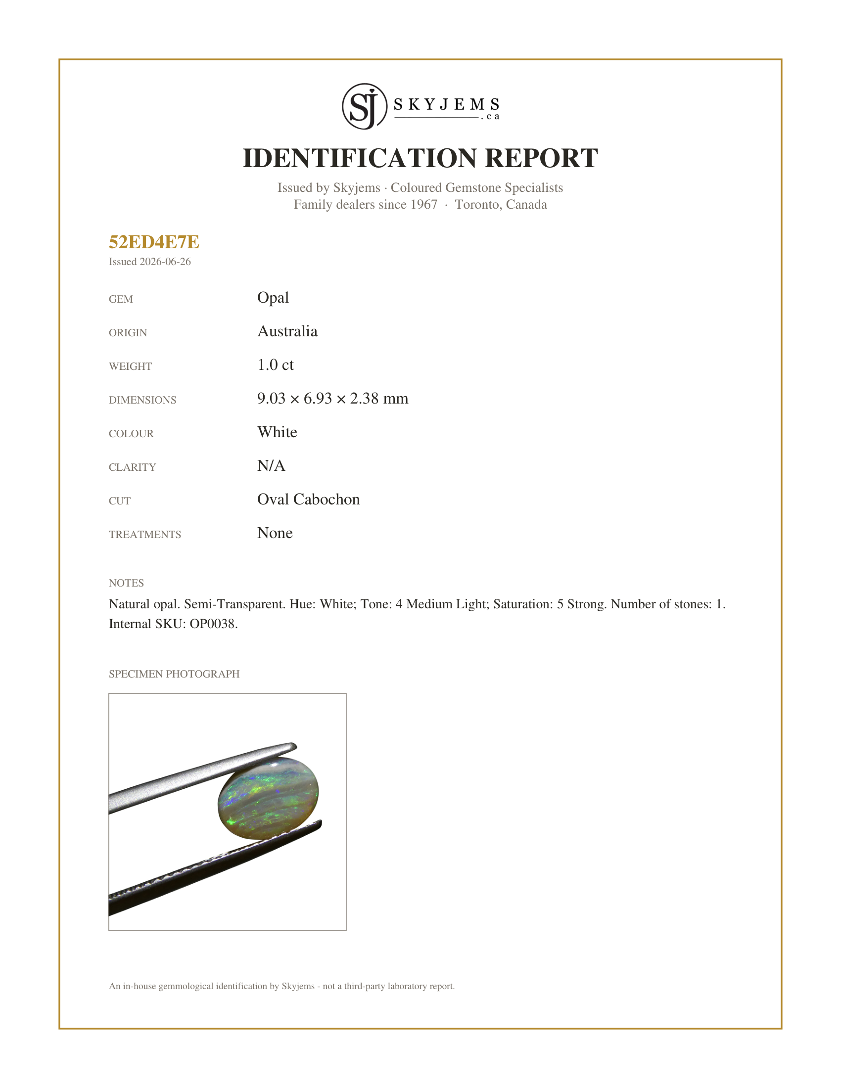 Skyjems Identification Report for OP0038 — 1ct Oval Cabochon White Opal from Australia