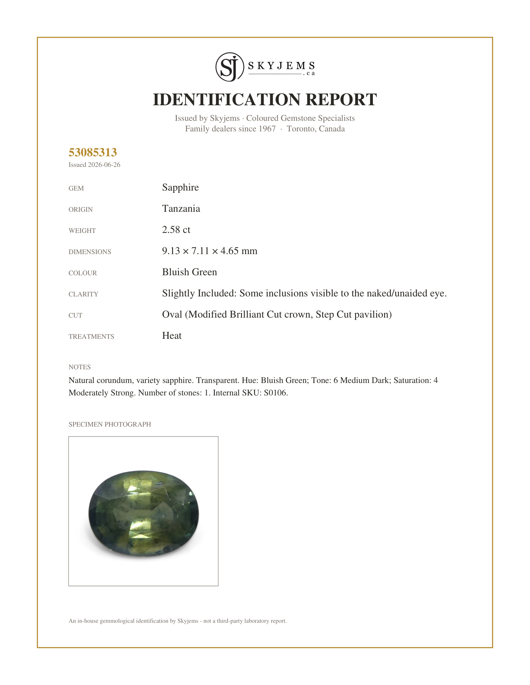 Skyjems Identification Report for S0106 — 2.58ct Oval Teal Green Sapphire from Tanzania