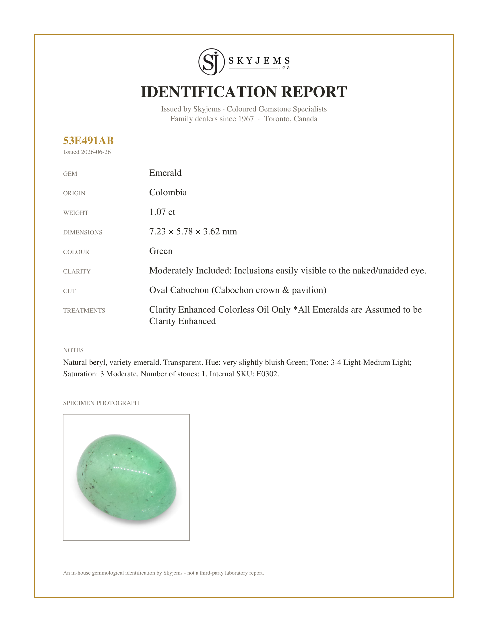 Skyjems Identification Report for E0302 — 1.07ct Oval Cabochon Green Emerald from Colombia
