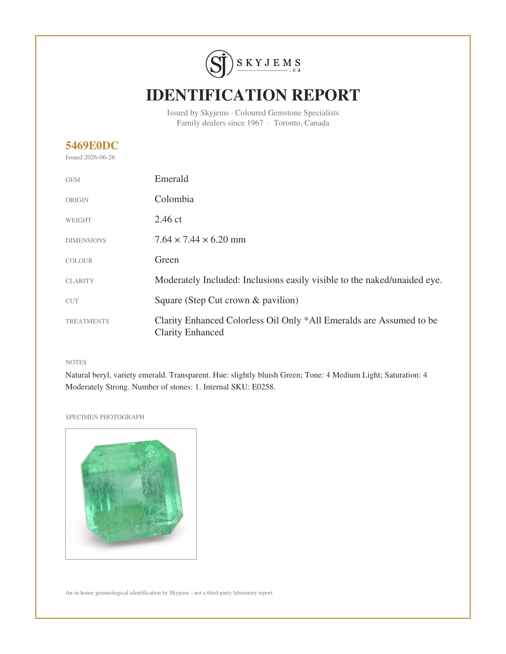 Skyjems Identification Report for E0258 — 2.46ct Square Green Emerald from Colombia