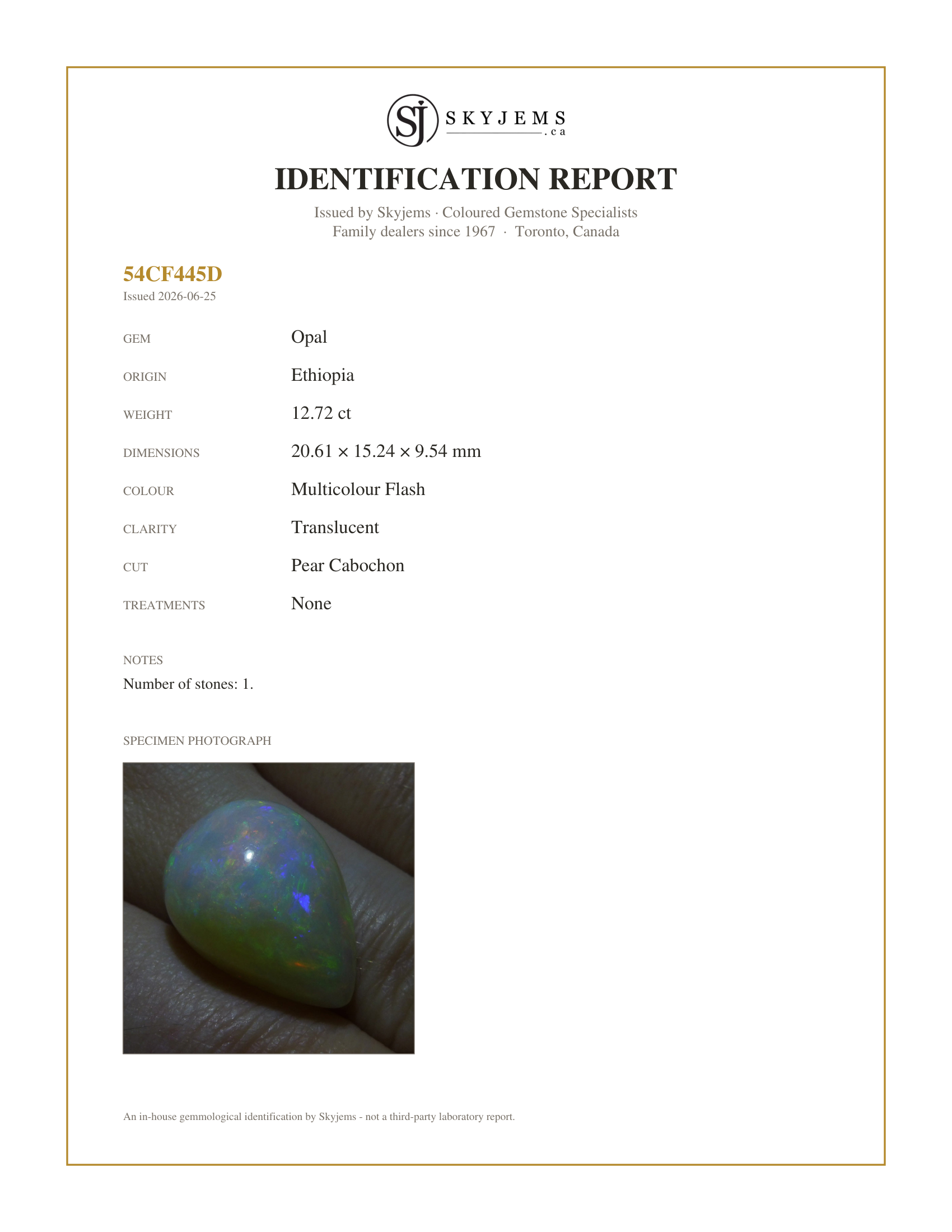 Skyjems Identification Report for — 12.72 ct Pear Cabochon Opal