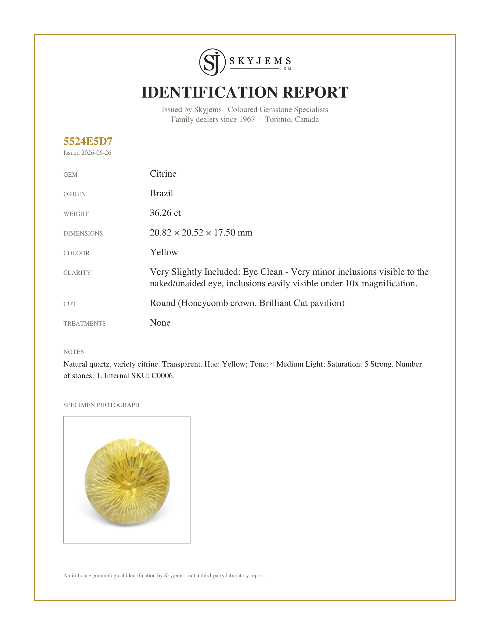Skyjems Identification Report for C0006 — 36.26ct Round Yellow Honeycomb Starburst Citrine