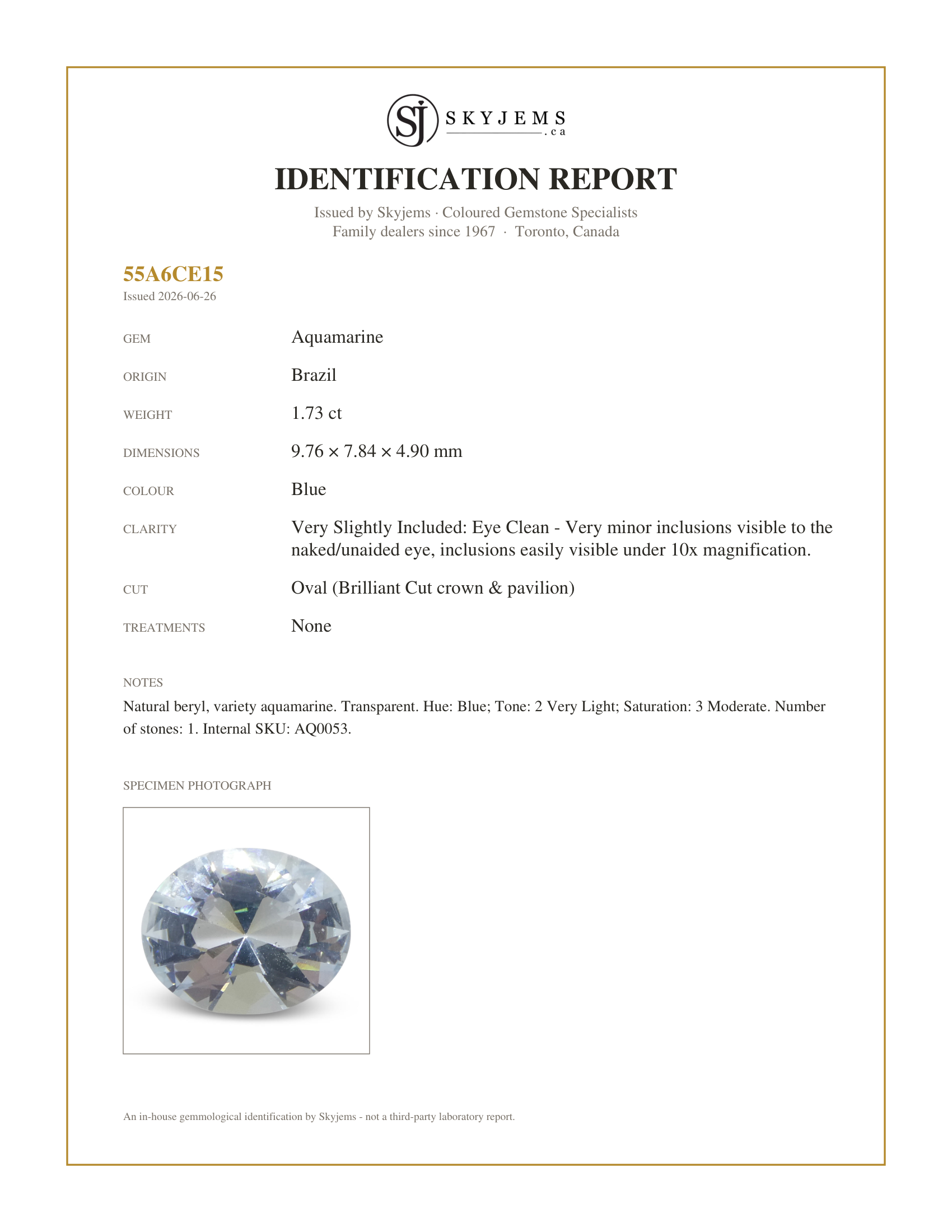 Skyjems Identification Report for AQ0053 — 1.73ct Oval Blue Aquamarine from Brazil Unheated