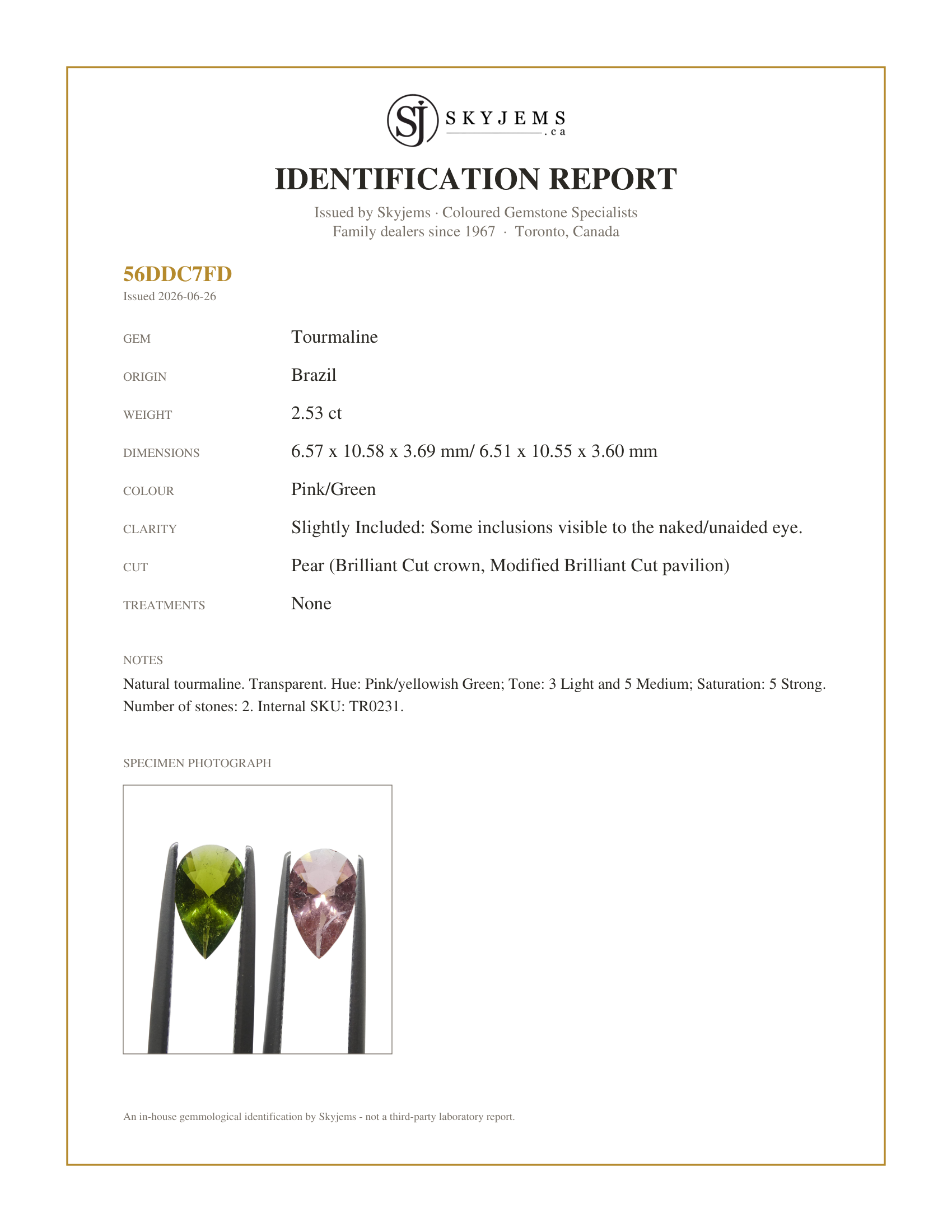 Skyjems Identification Report for TR0231 — 2.53ct Pair Pear Pink/Green Tourmaline