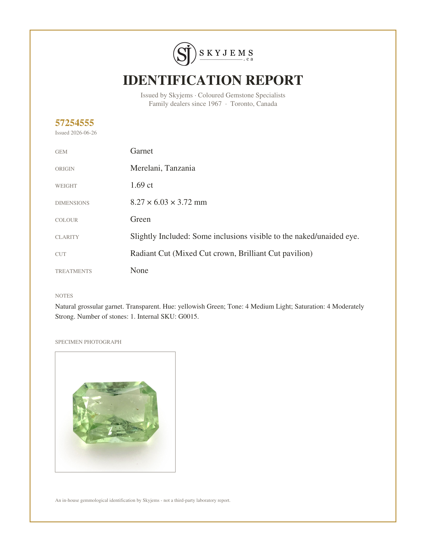 Skyjems Identification Report for G0015 — 1.69ct Radiant Cut Green Merelani Mint Tsavorite Garnet from Tanzania