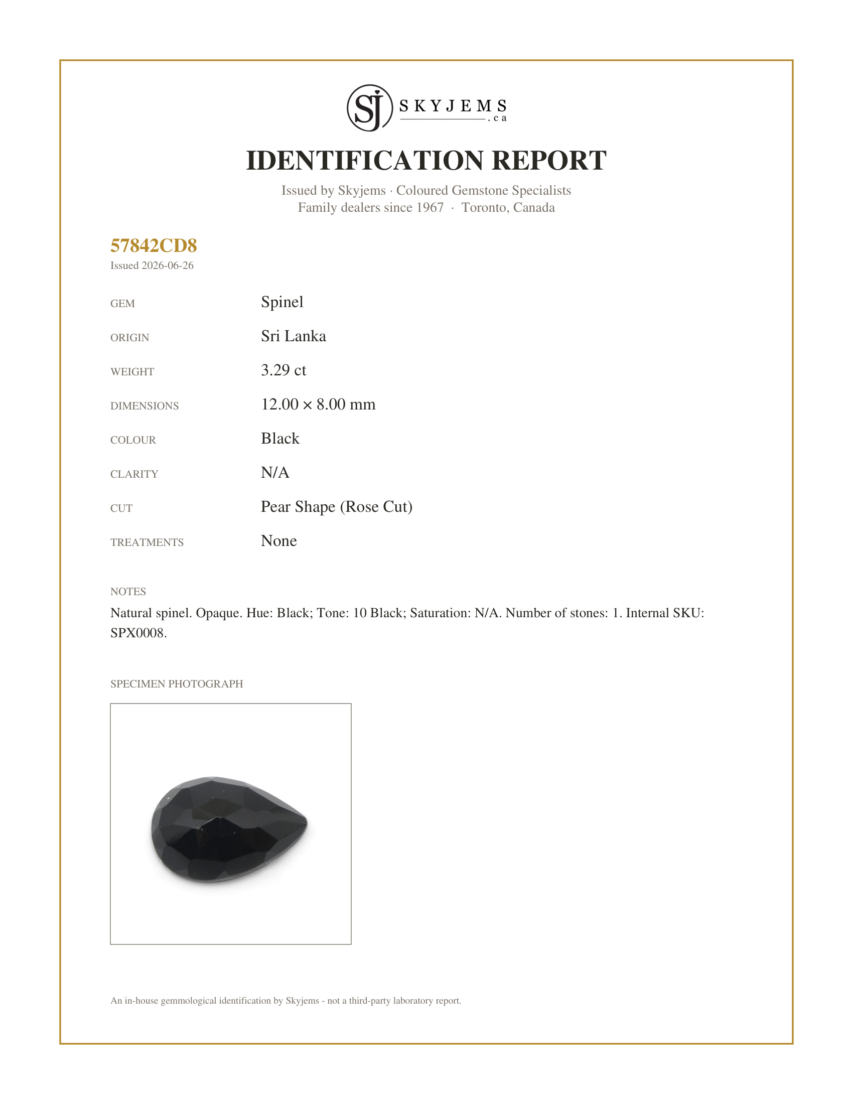 Skyjems Identification Report for SPX0008 — 3.29ct Rose Cut 12x8mm Pear Shape Black Spinel from Sri Lanka