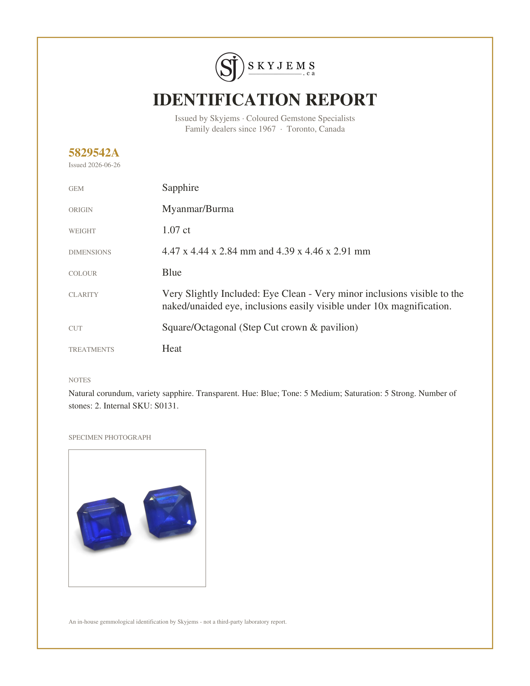 Skyjems Identification Report for S0131 — 1.07ct Pair (2) Square/Octagonal Blue Sapphire from Myanmar/Burma