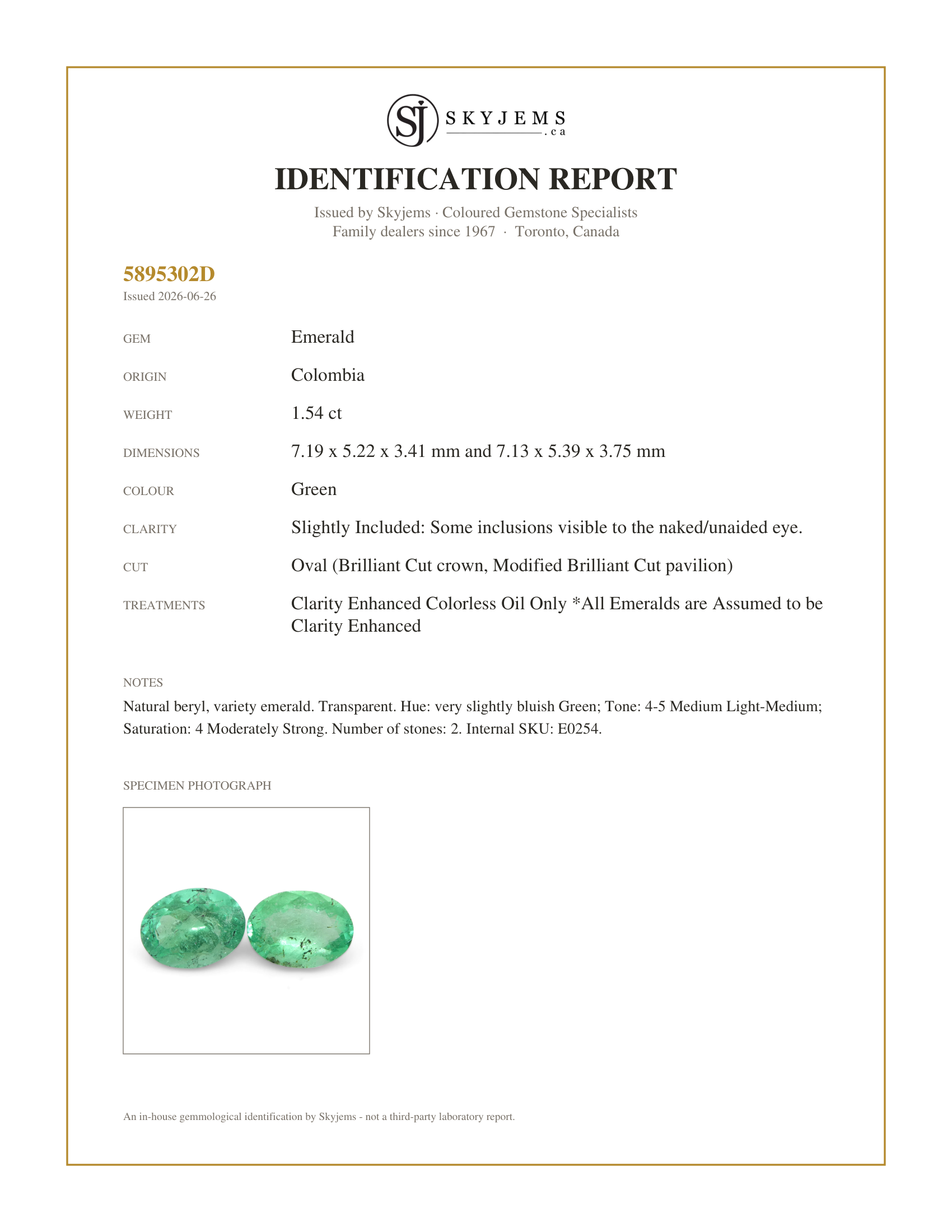 Skyjems Identification Report for E0254 — 1.54ct Pair Oval Green Emerald from Colombia