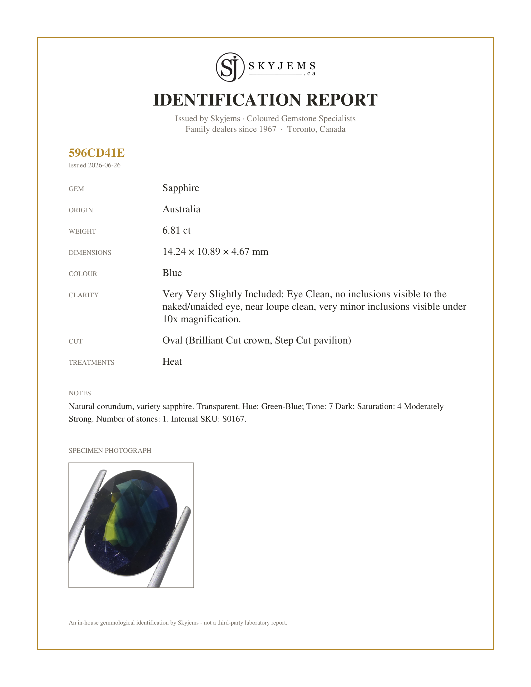 Skyjems Identification Report for S0167 — 6.81ct Oval Green-Blue Sapphire from Australia