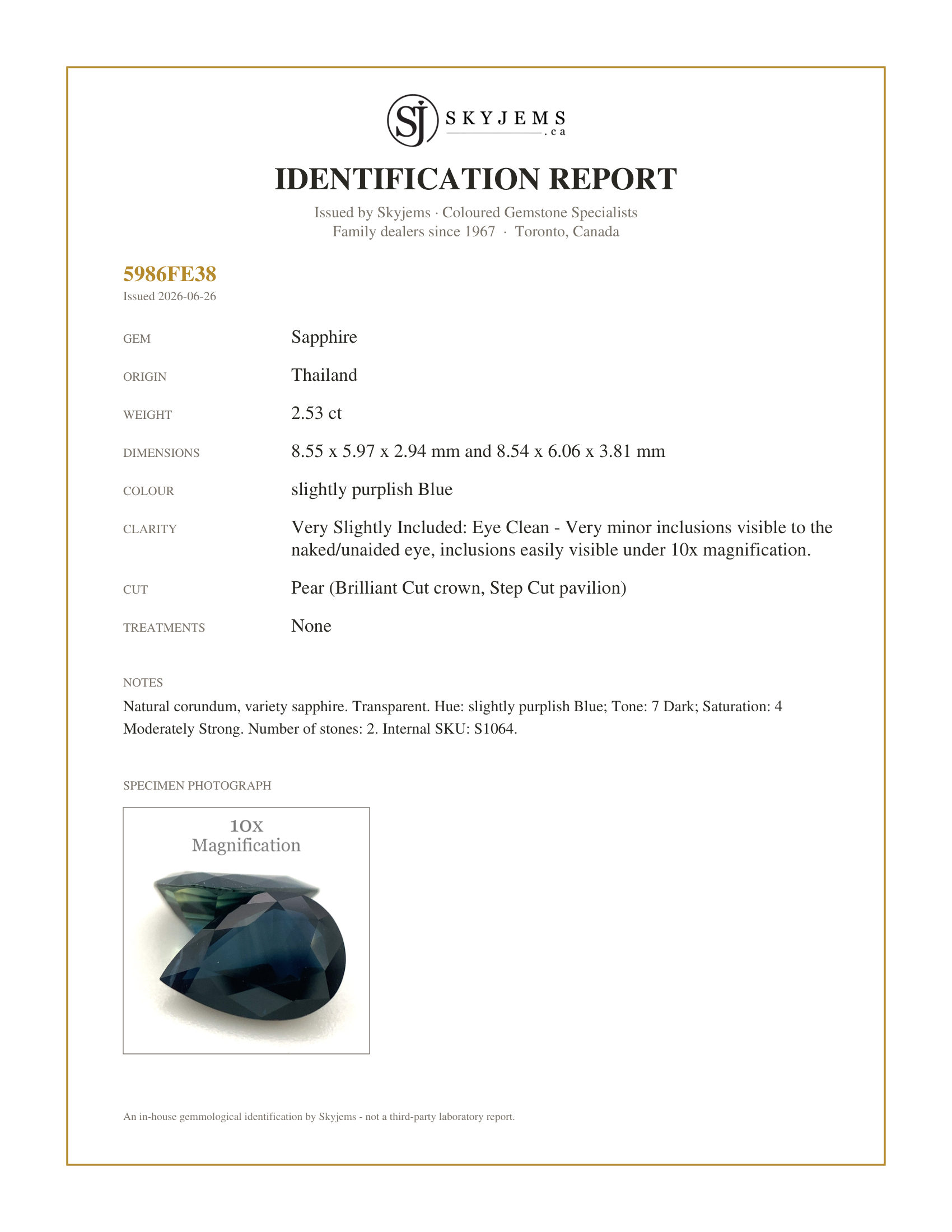 Skyjems Identification Report for S1064 — 2.53ct Pair Pear Blue Sapphire from Thailand Unheated