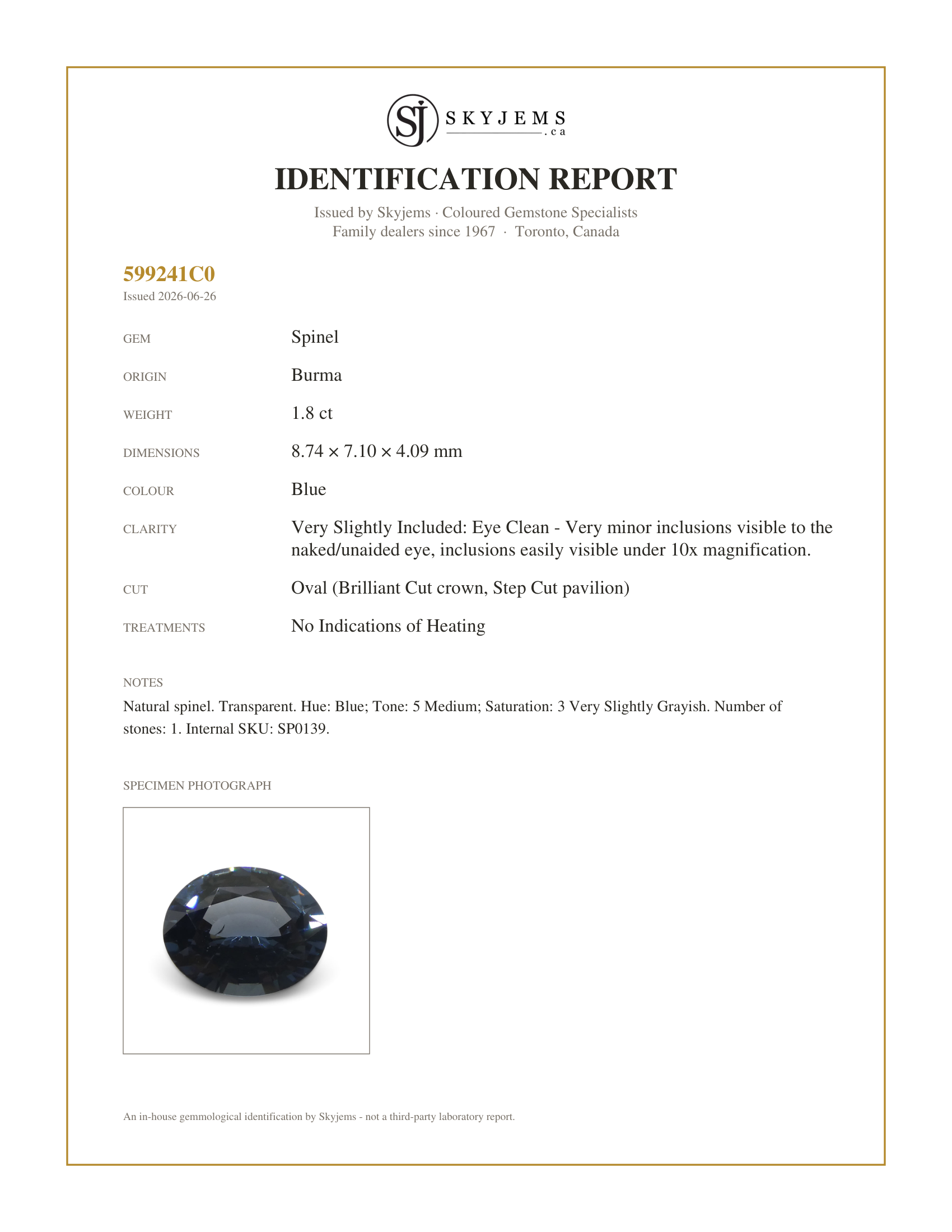 Skyjems Identification Report for SP0139 — 1.8ct Oval Blue Spinel from Burma