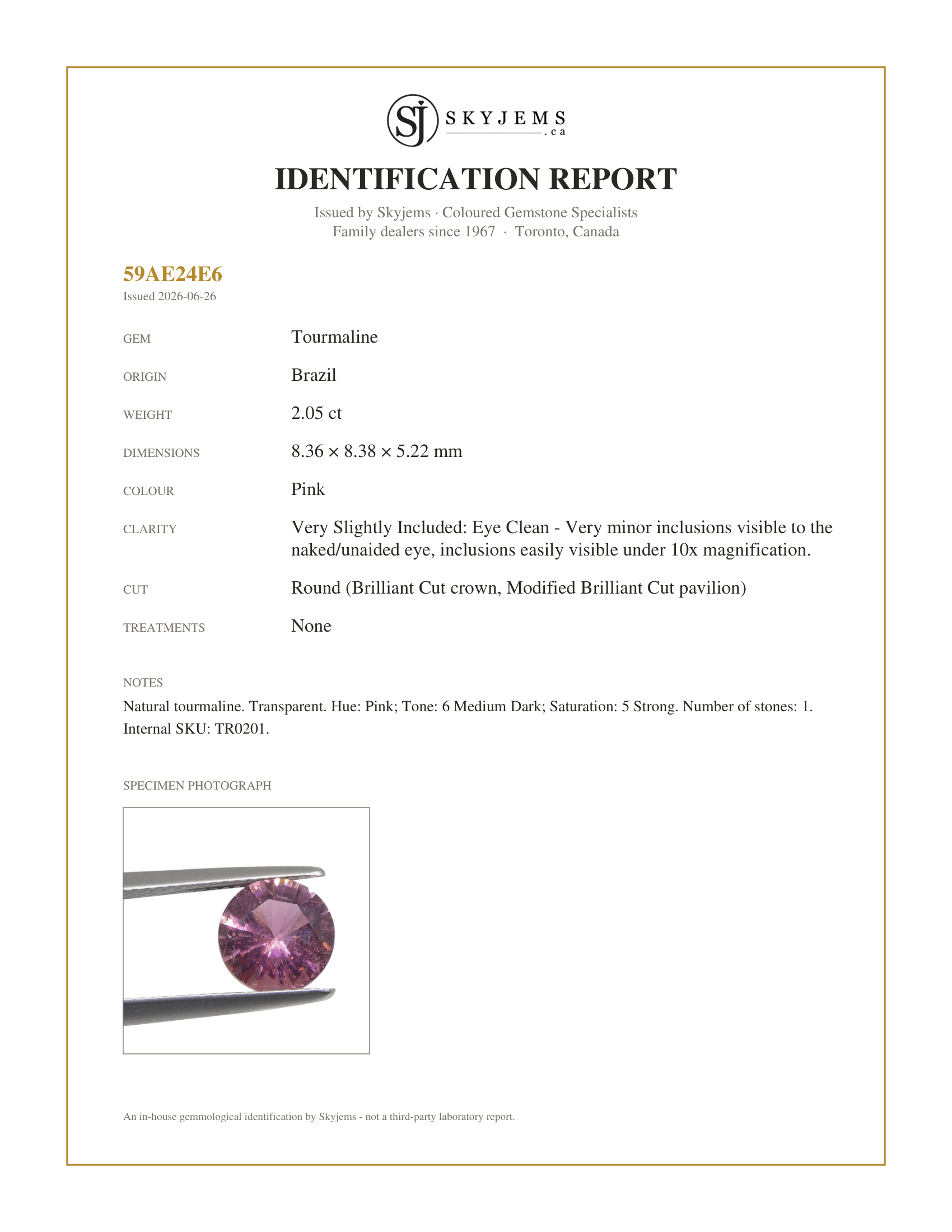 Skyjems Identification Report for TR0201 — 2.05ct Round Pink Tourmaline