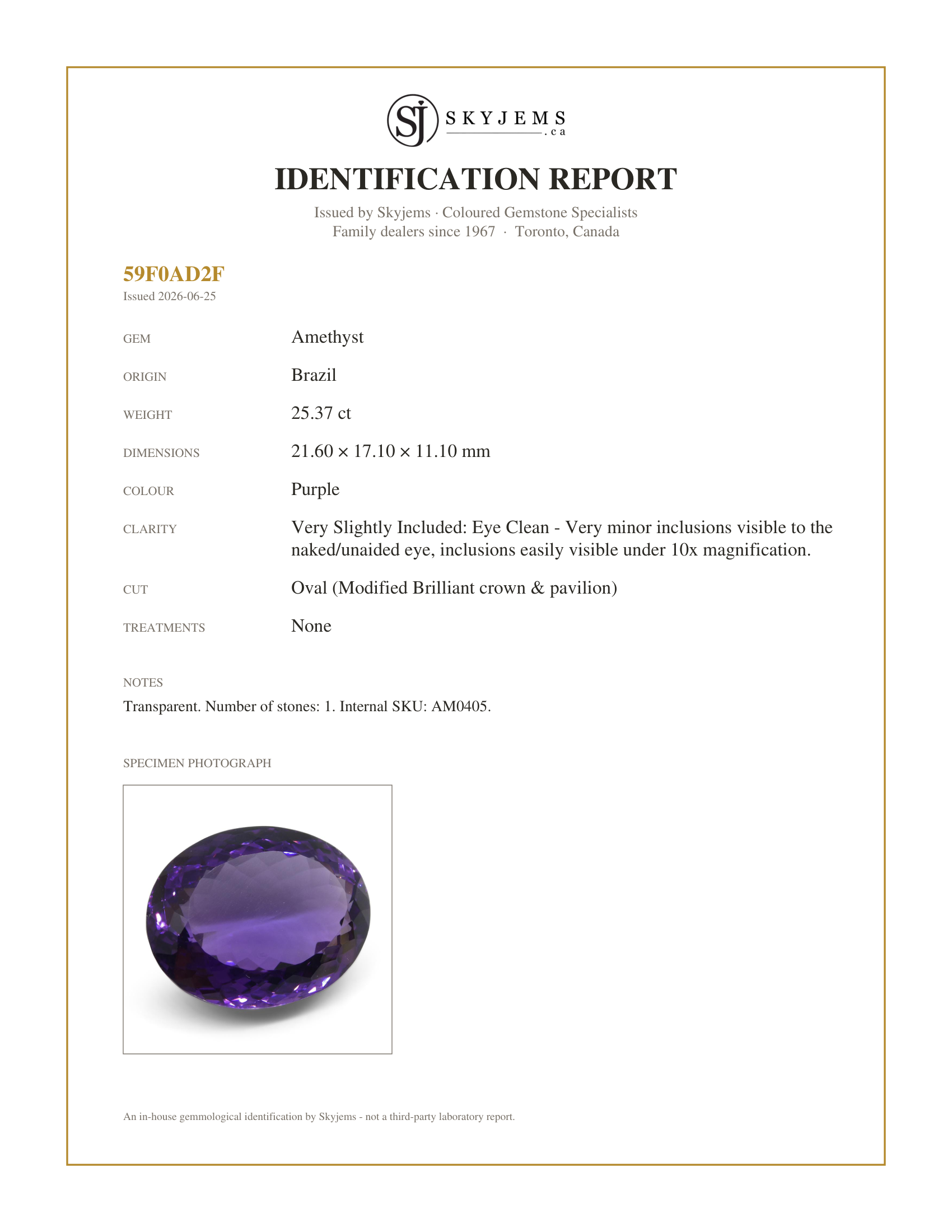 Skyjems Identification Report for AM0405 — 25.37 ct Oval Amethyst