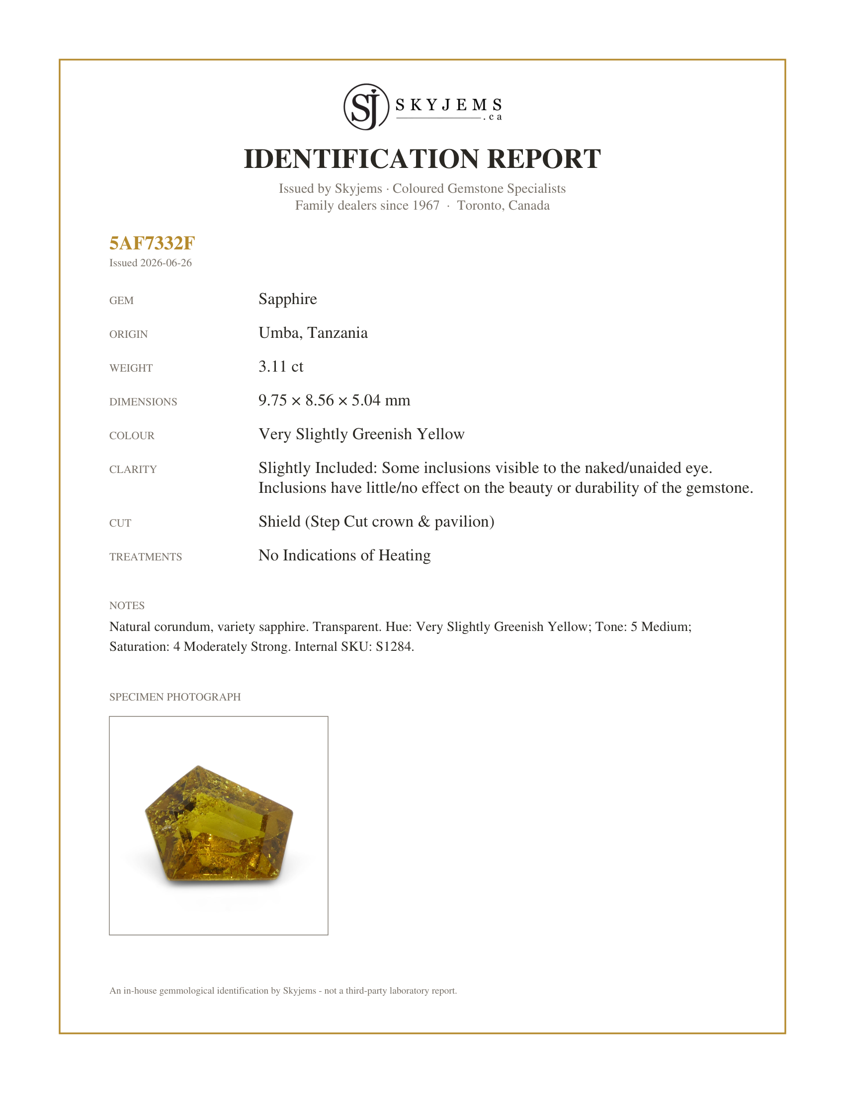 Skyjems Identification Report for S1284 — 3.11ct Shield Greenish Yellow Sapphire from Umba, Tanzania, Unheated