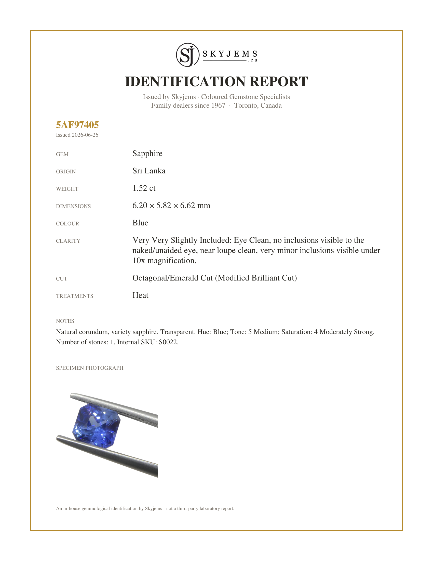 Skyjems Identification Report for S0022 — 1.52ct Octagonal/Emerald Cut Blue Sapphire from Sri Lanka