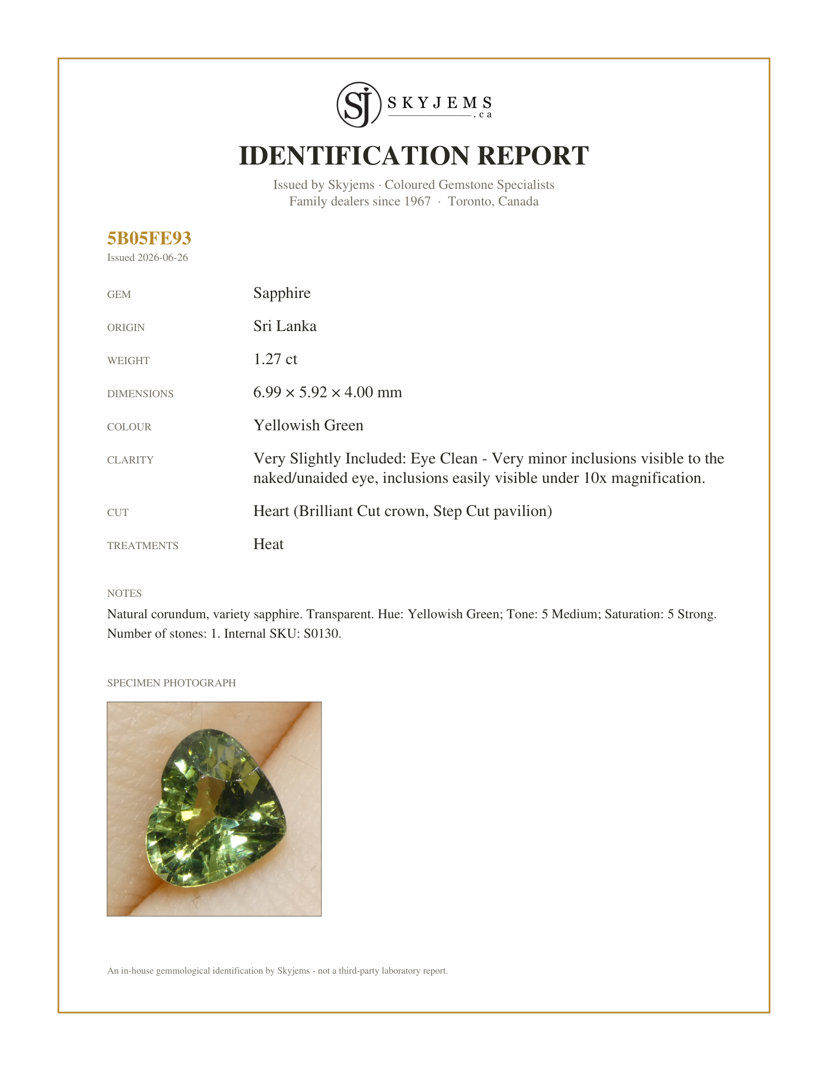 Skyjems Identification Report for S0130 — 1.27ct Heart Green Sapphire from Sri Lanka