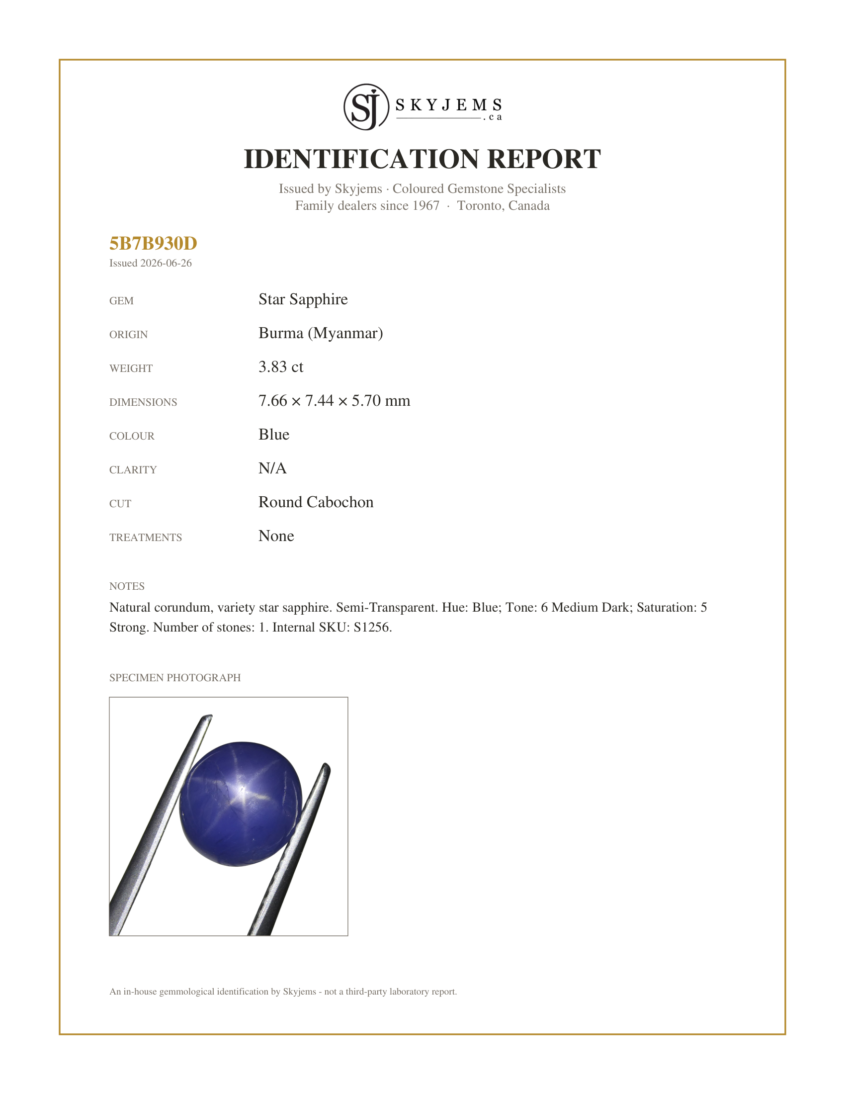 Skyjems Identification Report for S1256 — 3.83ct Round Cabochon Blue Star Sapphire from Burma (Myanmar), Unheated