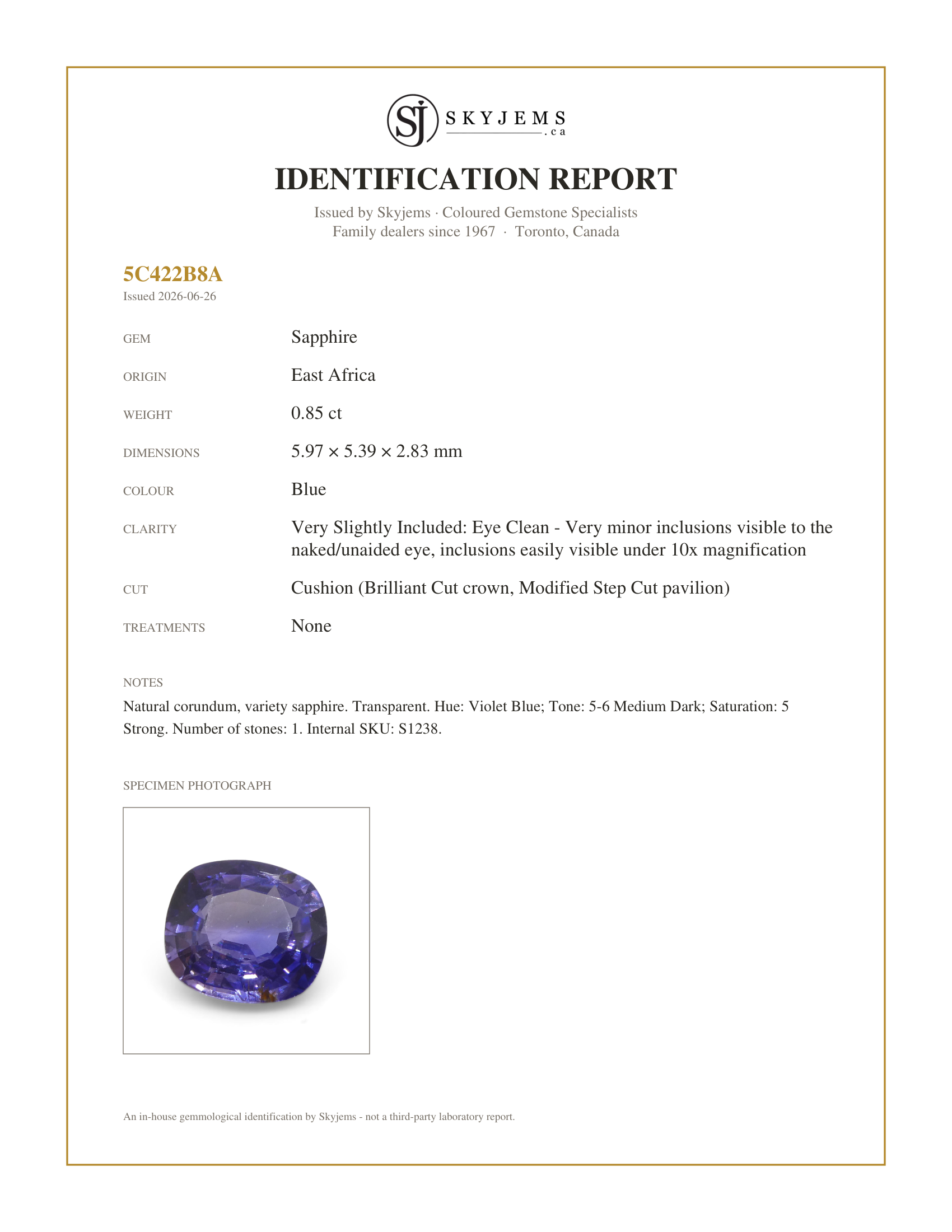 Skyjems Identification Report for S1238 — 0.85ct Cushion Blue Sapphire from East Africa, Unheated