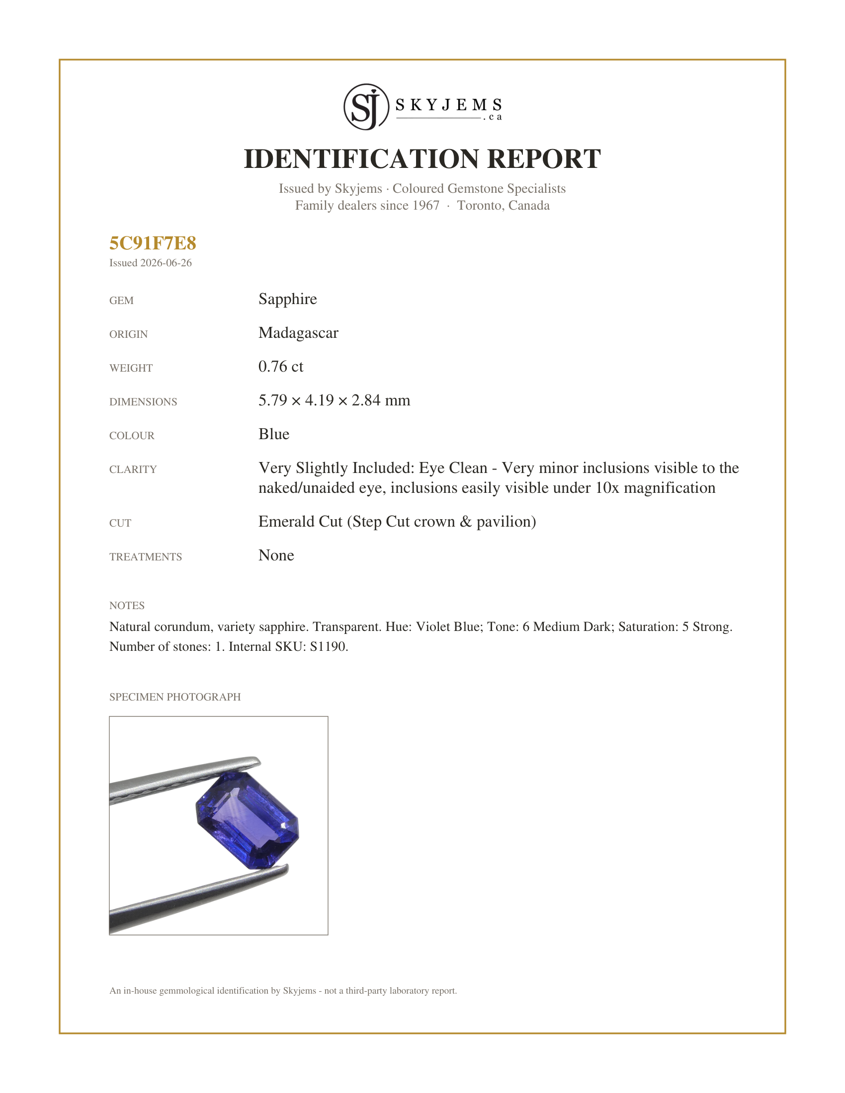 Skyjems Identification Report for S1190 — 0.76ct Emerald Cut Blue Sapphire from Madagascar Unheated