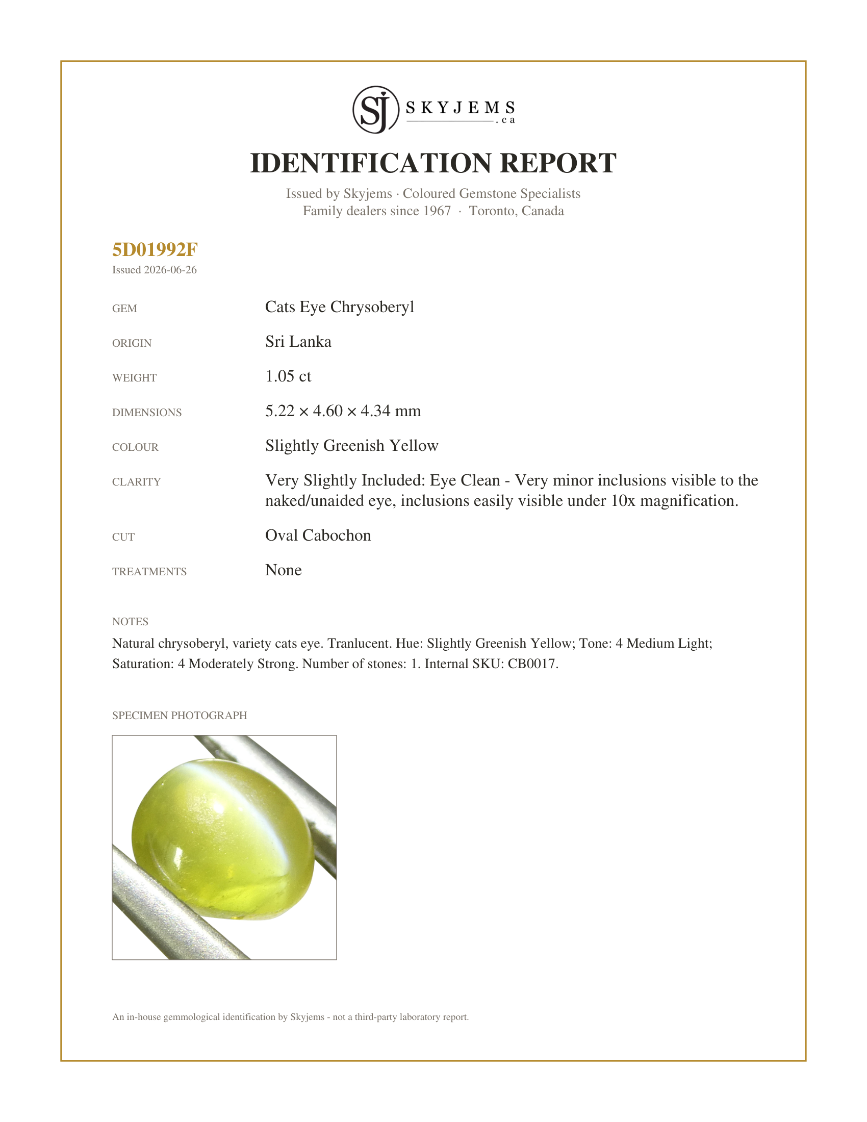 Skyjems Identification Report for CB0017 — 1.05ct Oval Cabochon Greenish Yellow Cats Eye Chrysoberyl