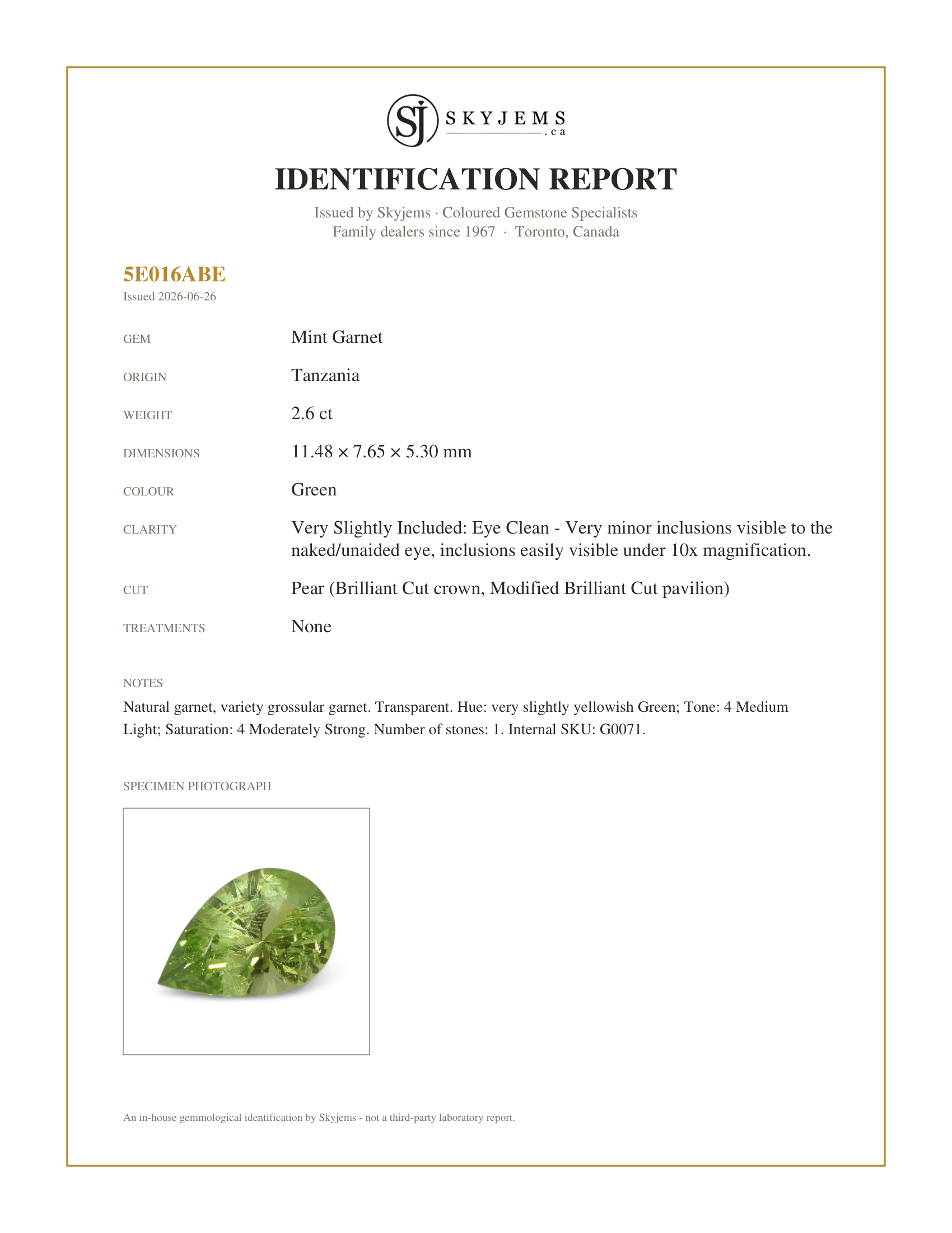 Skyjems Identification Report for G0071 — 2.6ct Pear Green Merelani Mint Tsavorite Garnet from Tanzania