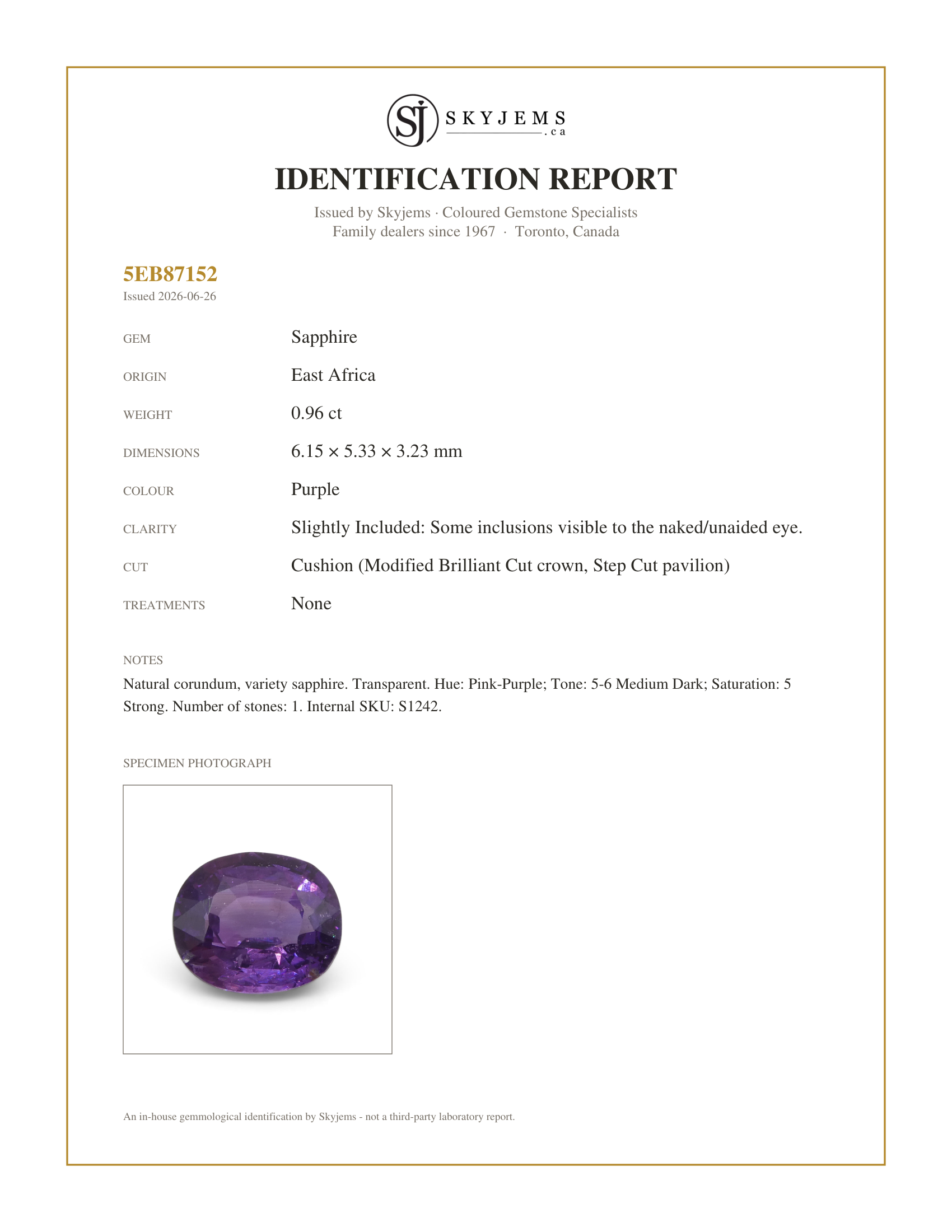 Skyjems Identification Report for S1242 — 0.96ct Cushion Purple Sapphire from East Africa, Unheated
