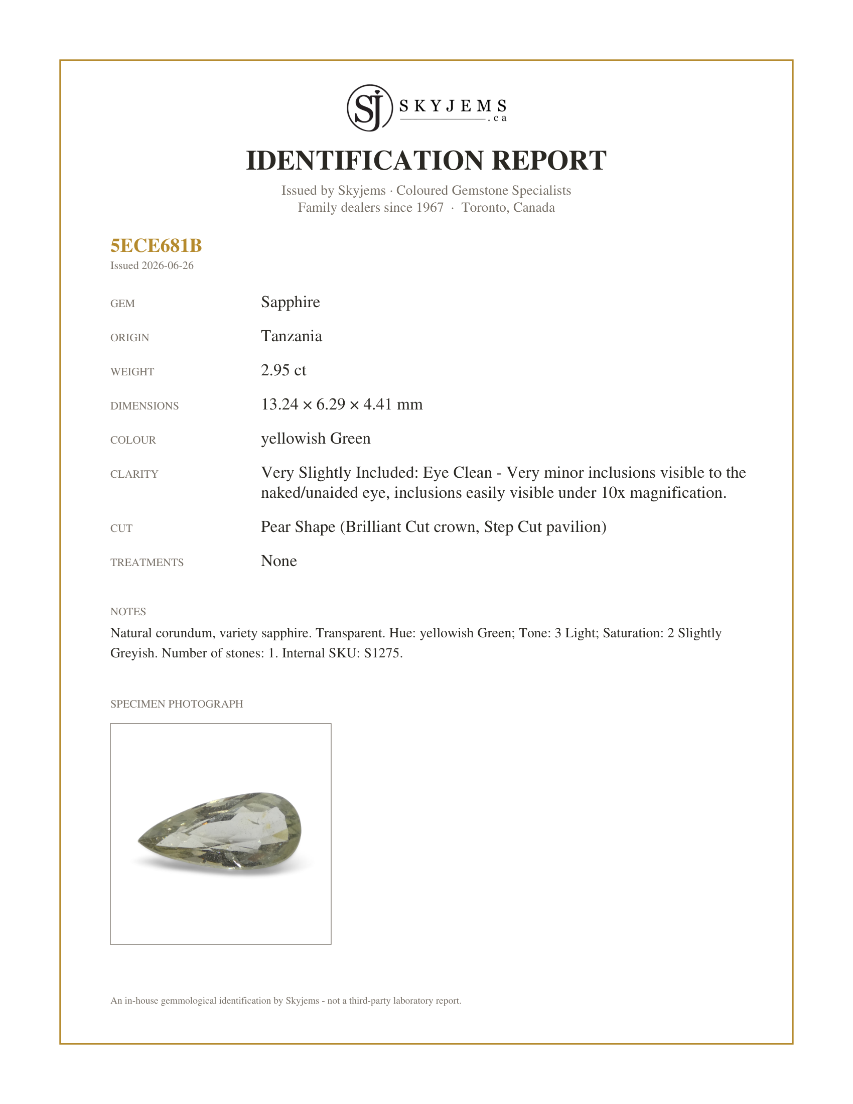 Skyjems Identification Report for S1275 — 2.95ct Pear Shape Green Sapphire from Tanzania, Unheated