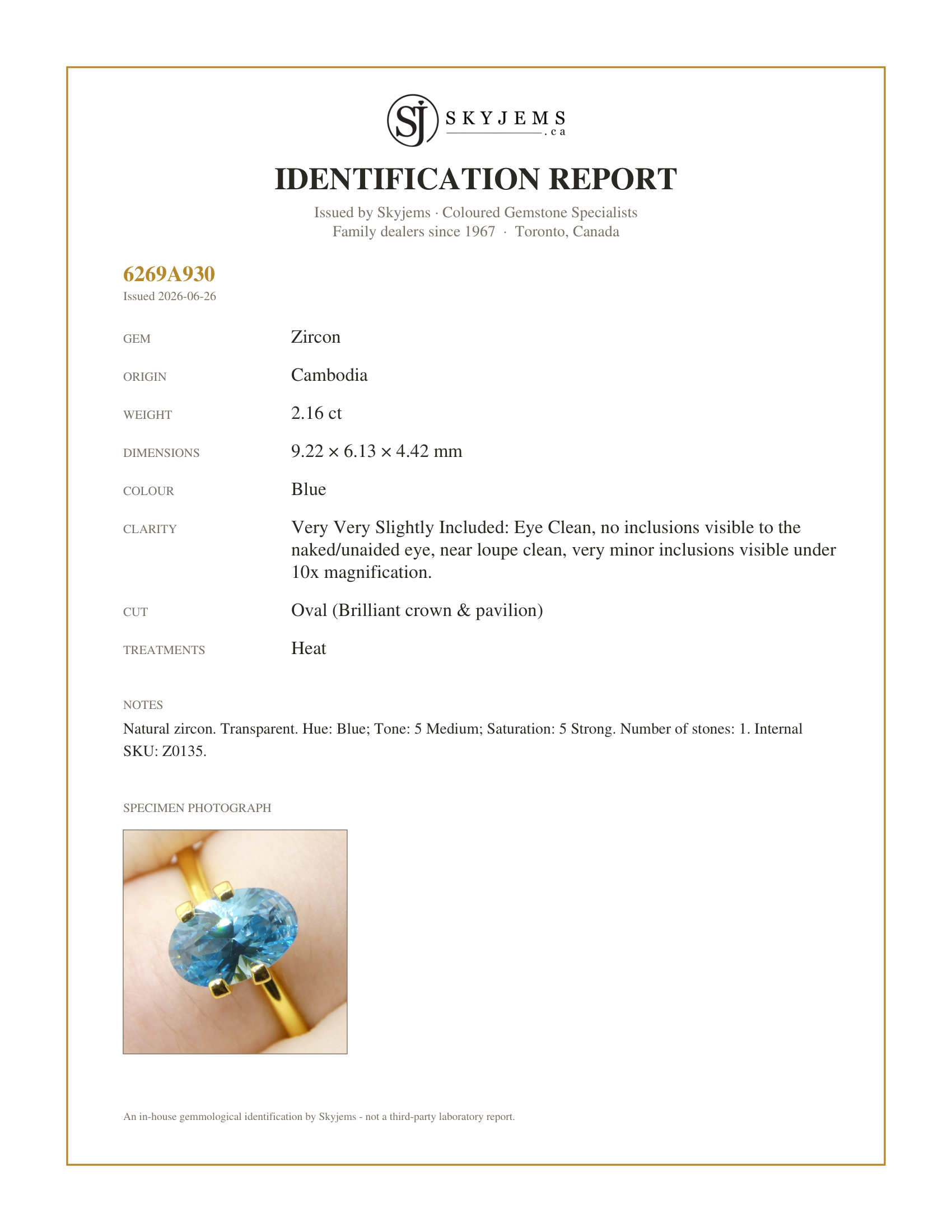 Skyjems Identification Report for Z0135 — 2.16ct Natural Earth Mined Oval Master Brilliant Cut Blue Zircon from Cambodia