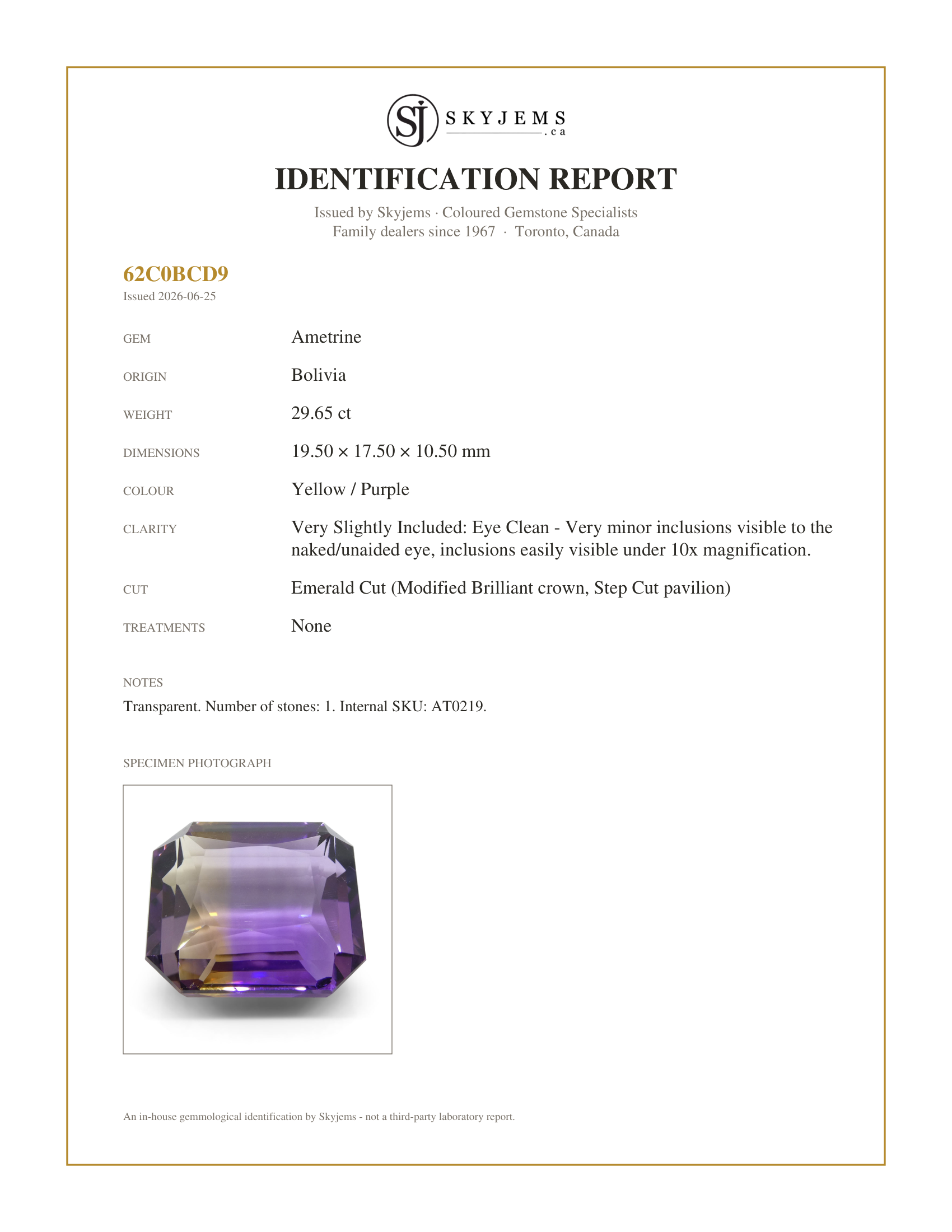 Skyjems Identification Report for AT0219 — 29.65 ct Emerald Cut Ametrine, 100% Natural Very Rare Single Source Gem from Bolivia