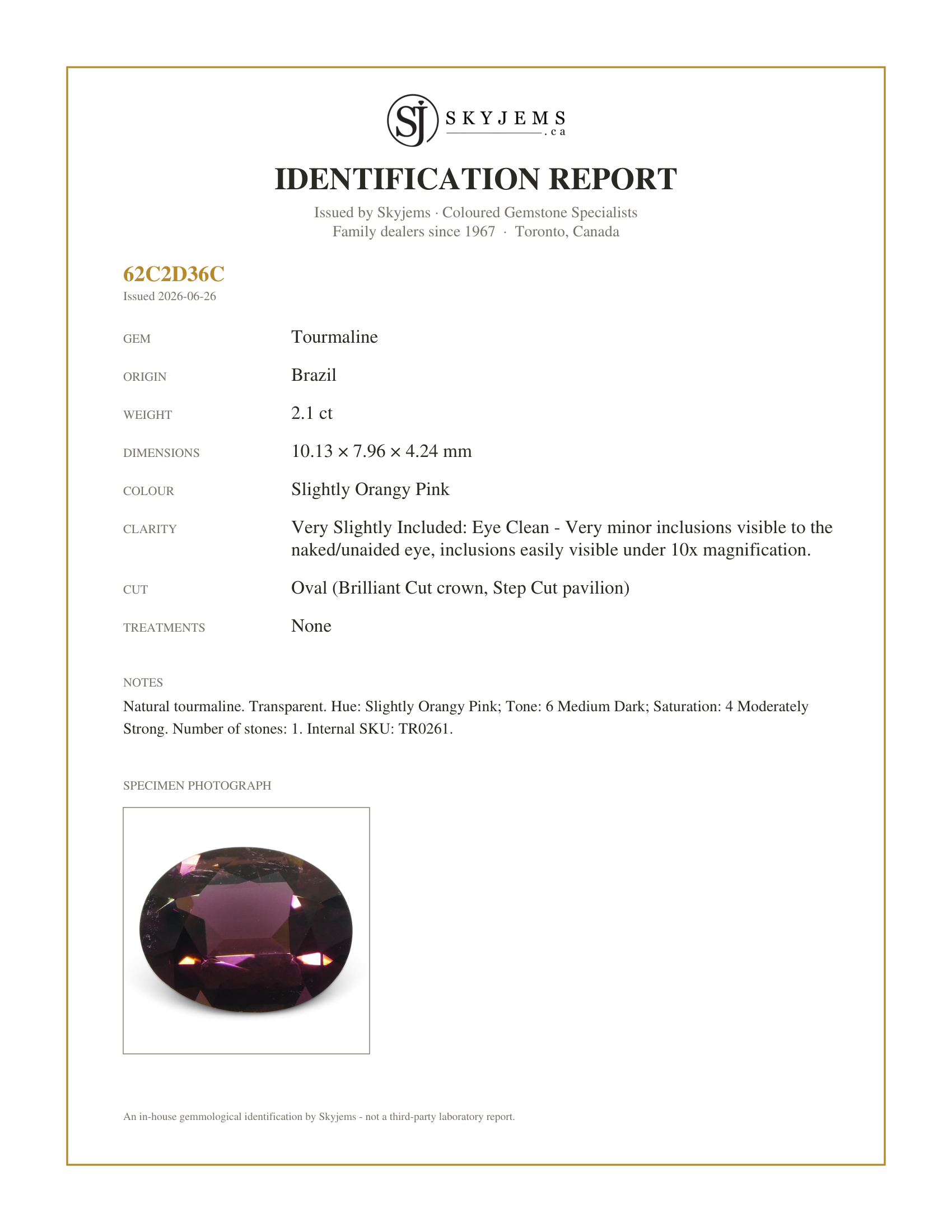 Skyjems Identification Report for TR0261 — 2.1ct Oval Pink Tourmaline