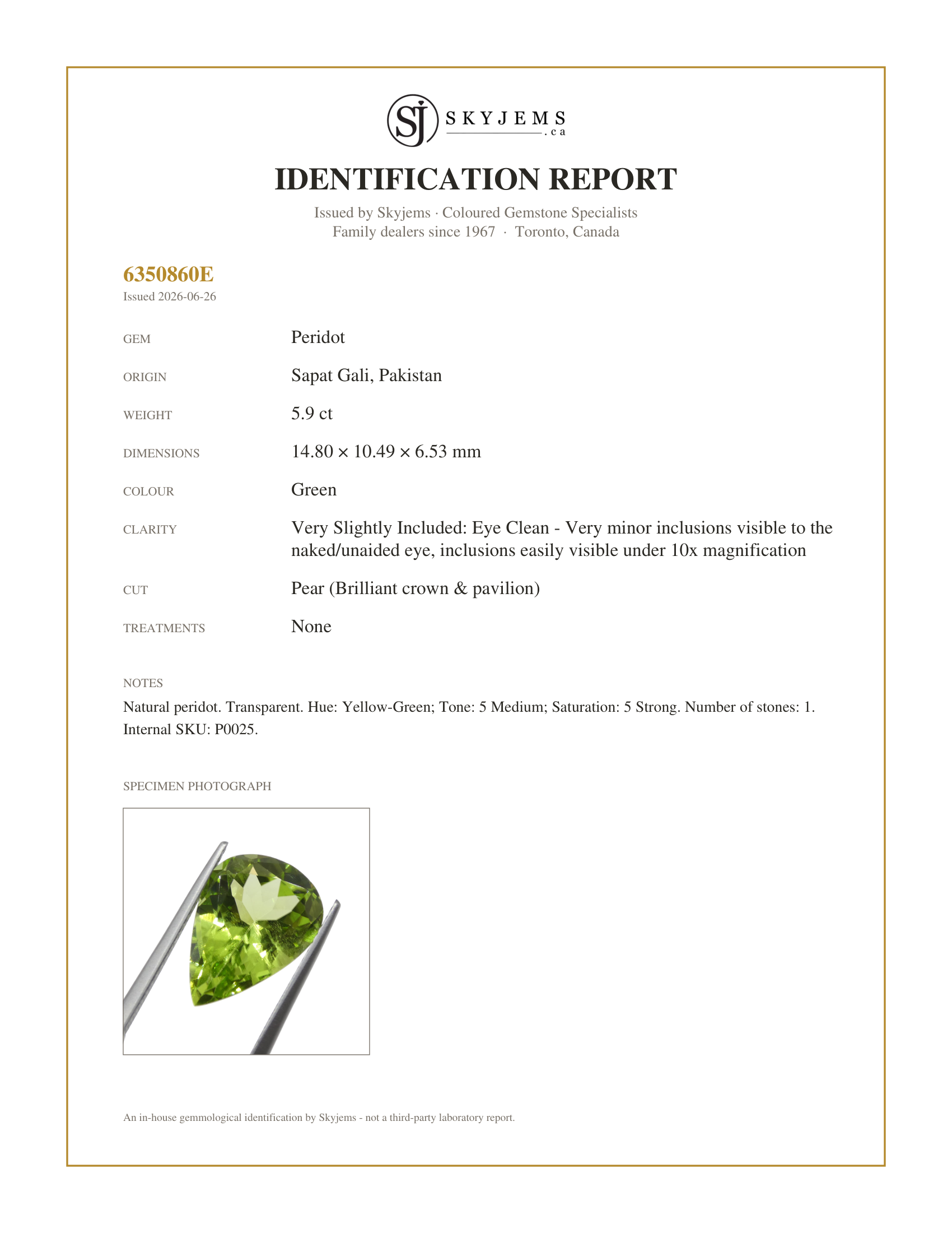 Skyjems Identification Report for P0025 — 5.9ct Pear Yellow-Green Peridot
