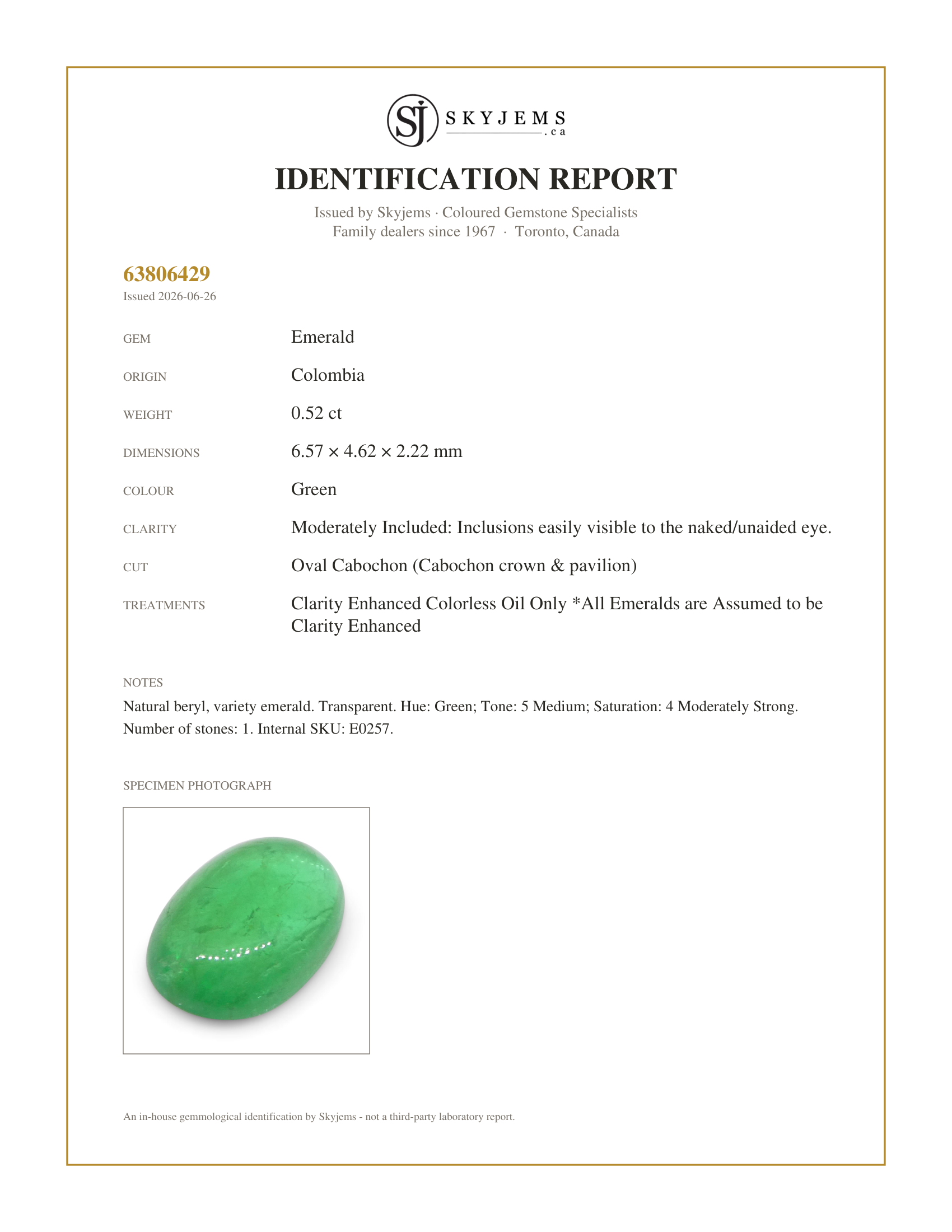 Skyjems Identification Report for E0257 — 0.52ct Oval Cabochon Green Emerald from Colombia
