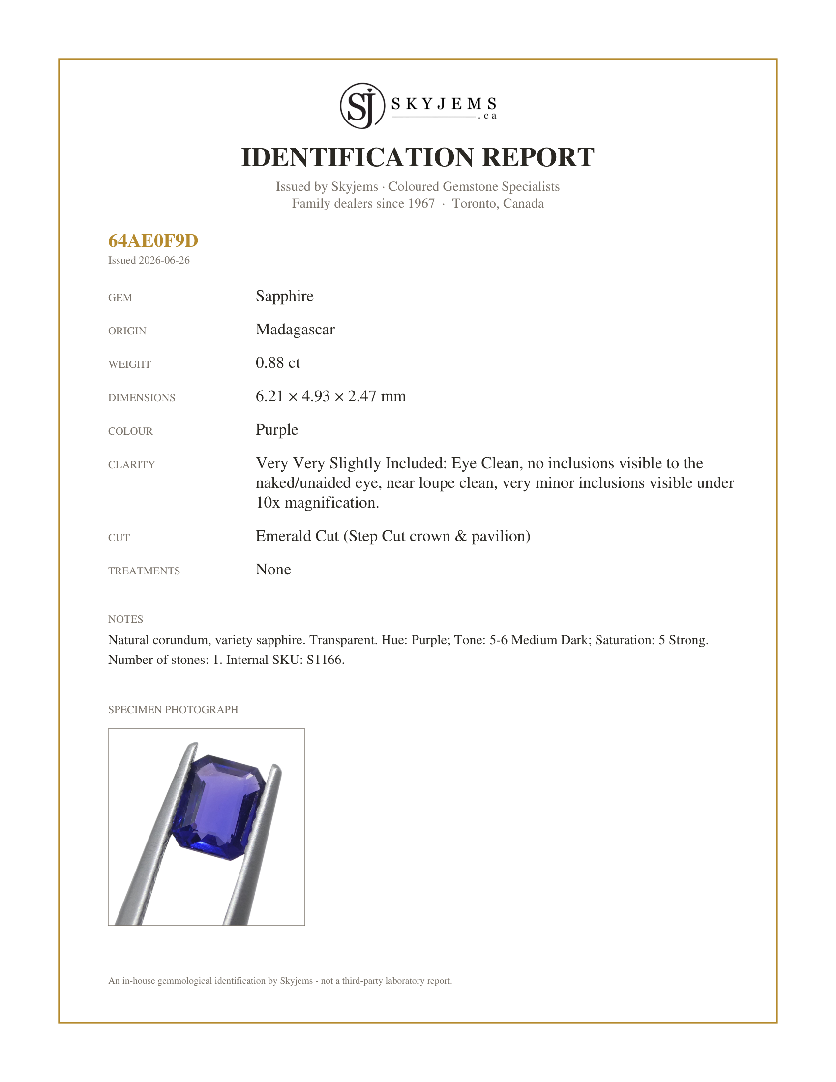 Skyjems Identification Report for S1166 — 0.88ct Emerald Cut Purple Sapphire from Madagascar Unheated
