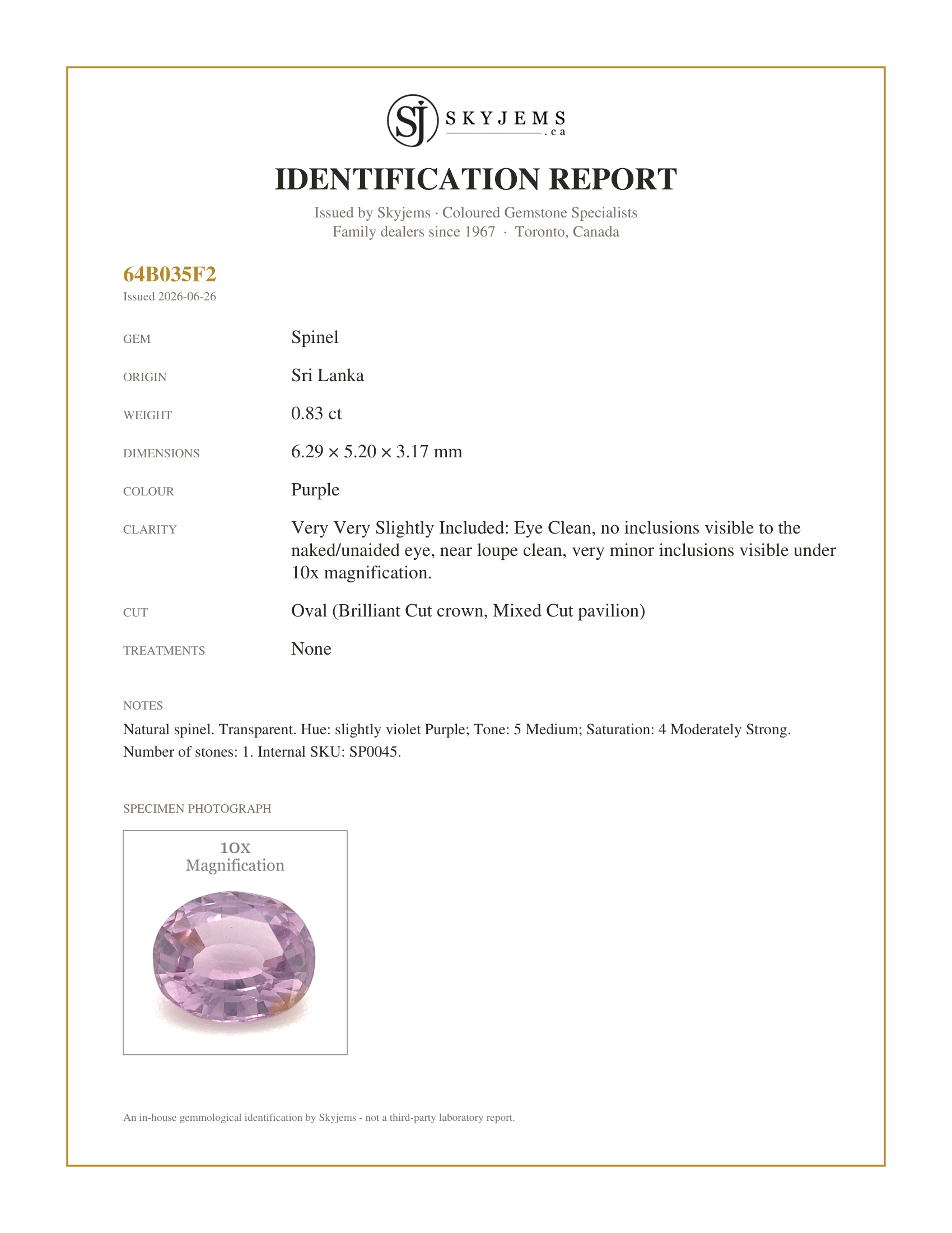 Skyjems Identification Report for SP0045 — 0.83ct Oval Lavender Purple Spinel from Sri Lanka Unheated