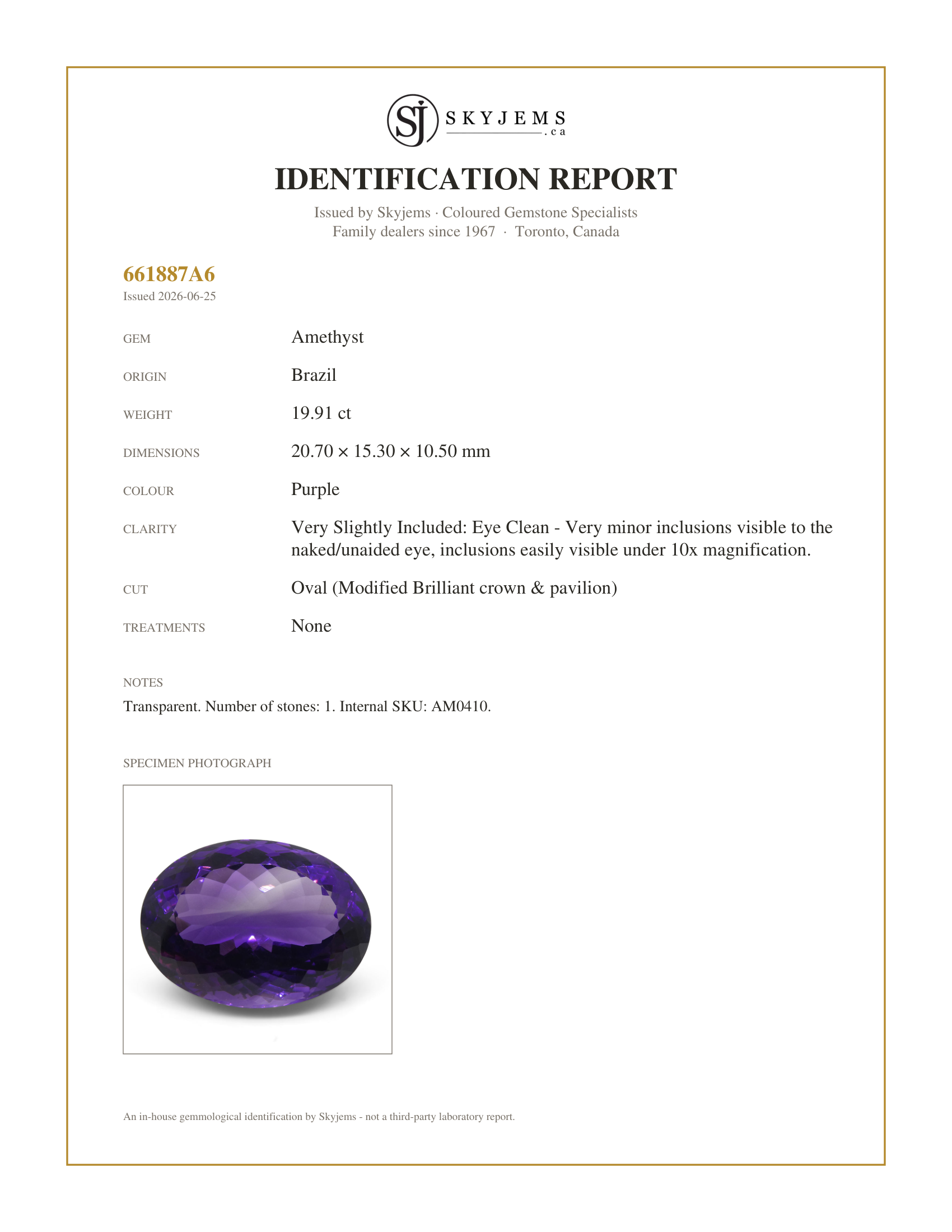 Skyjems Identification Report for AM0410 — 19.91 ct Oval Amethyst