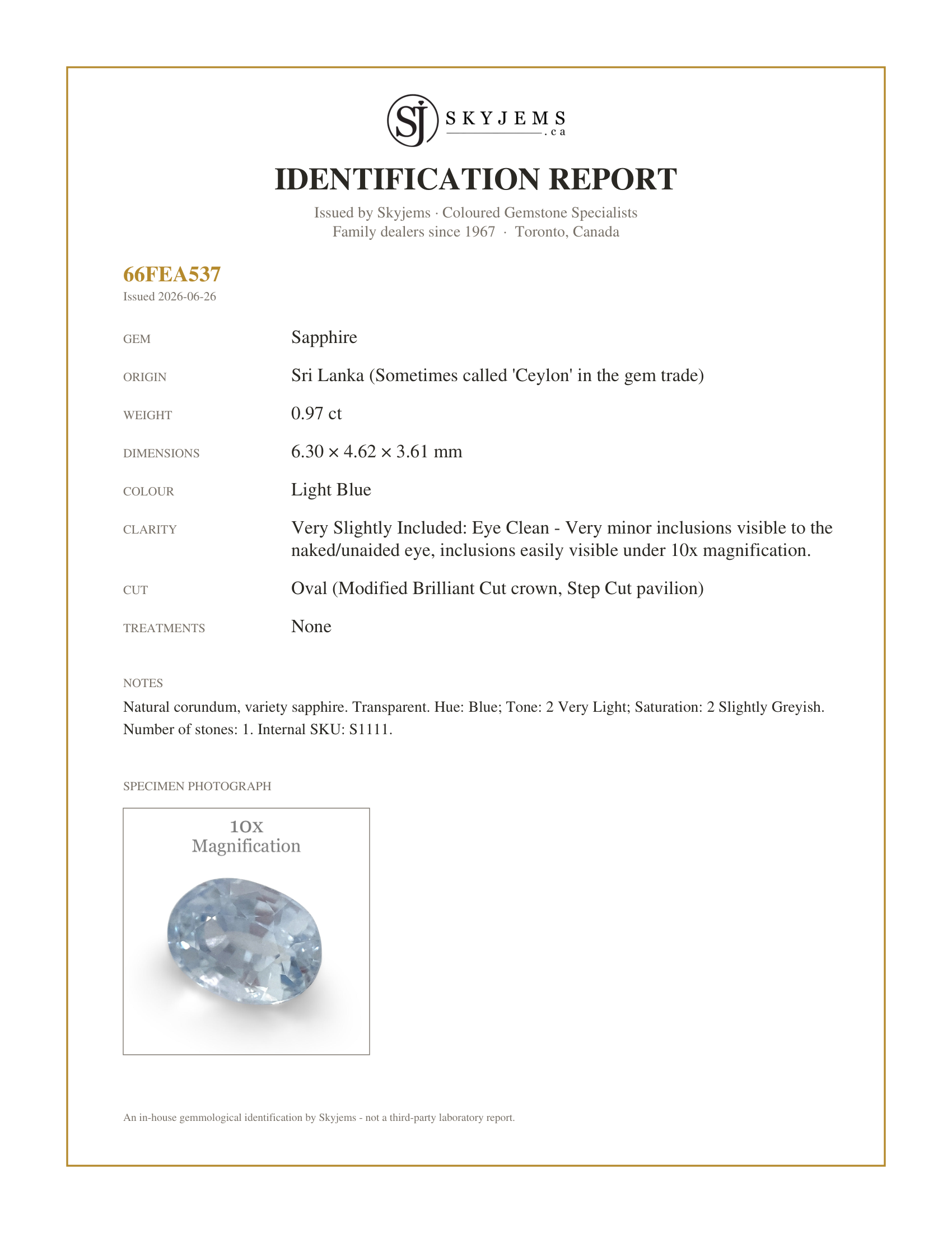 Skyjems Identification Report for S1111 — 0.97ct Oval Icy Blue Sapphire from Sri Lanka Unheated