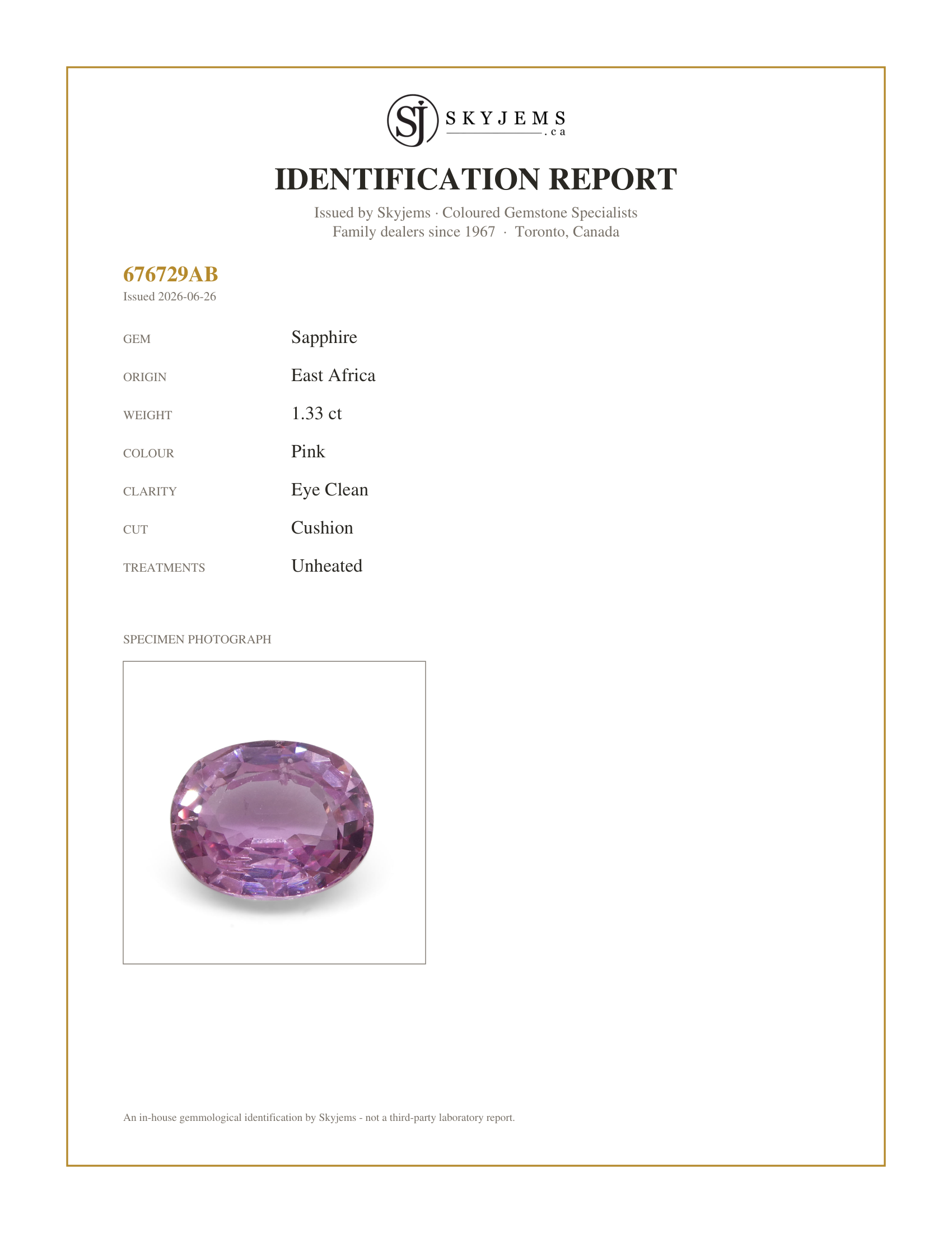 Skyjems Identification Report for — 1.33ct Oval Pink Sapphire from East Africa, Unheated