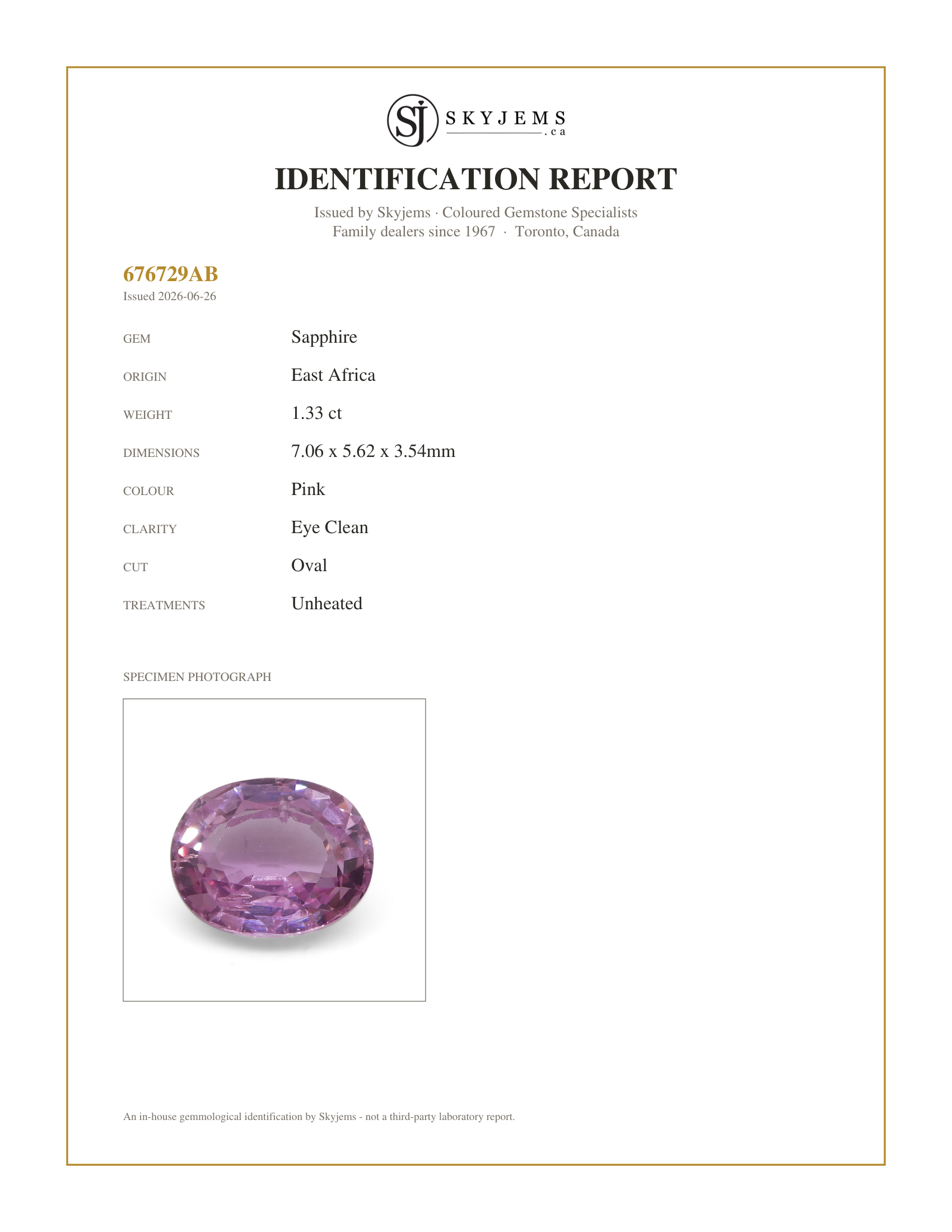 Skyjems Identification Report for S1210 — 1.33ct Oval Pink Sapphire from East Africa, Unheated