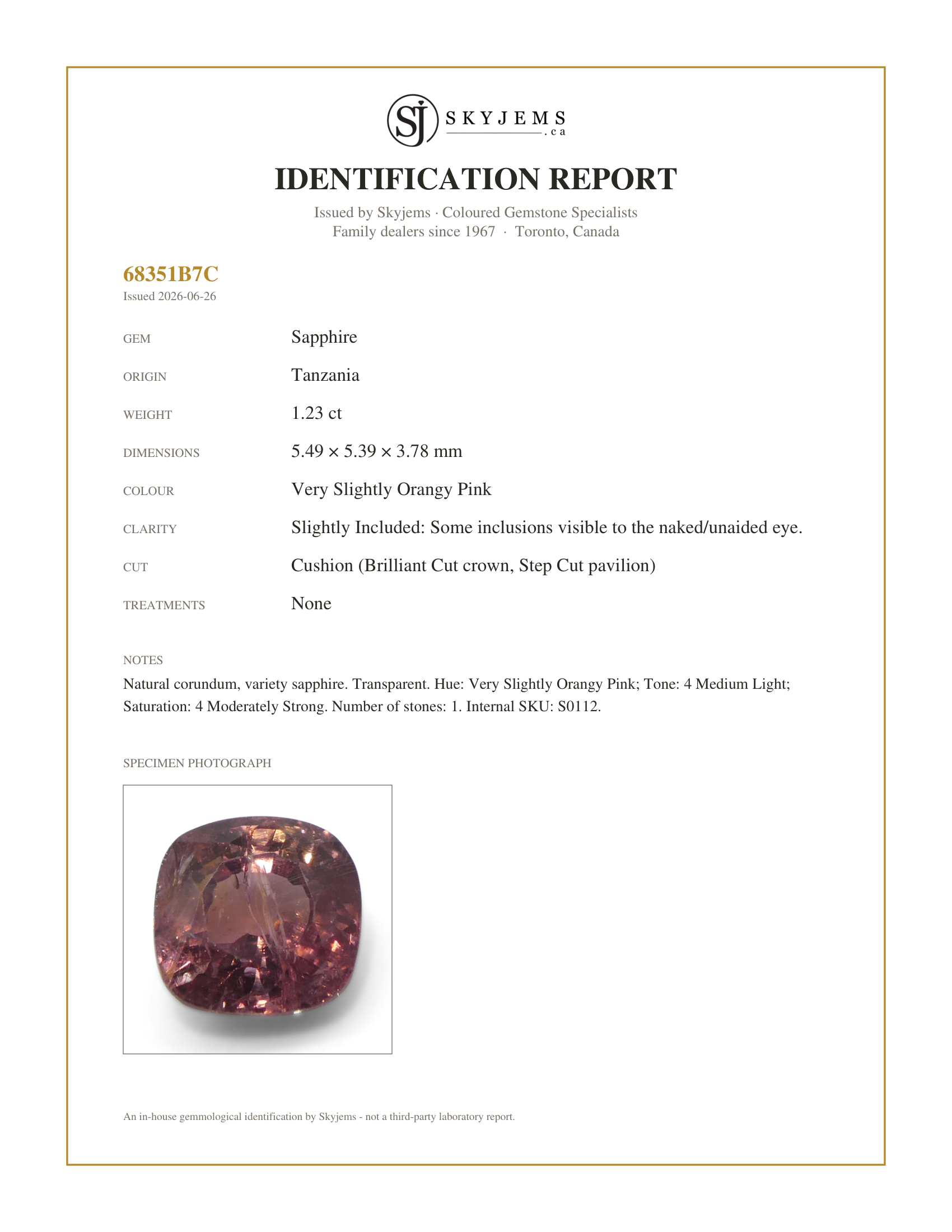 Skyjems Identification Report for S0112 — 1.23ct Cushion Pink Sapphire from Tanzania Unheated