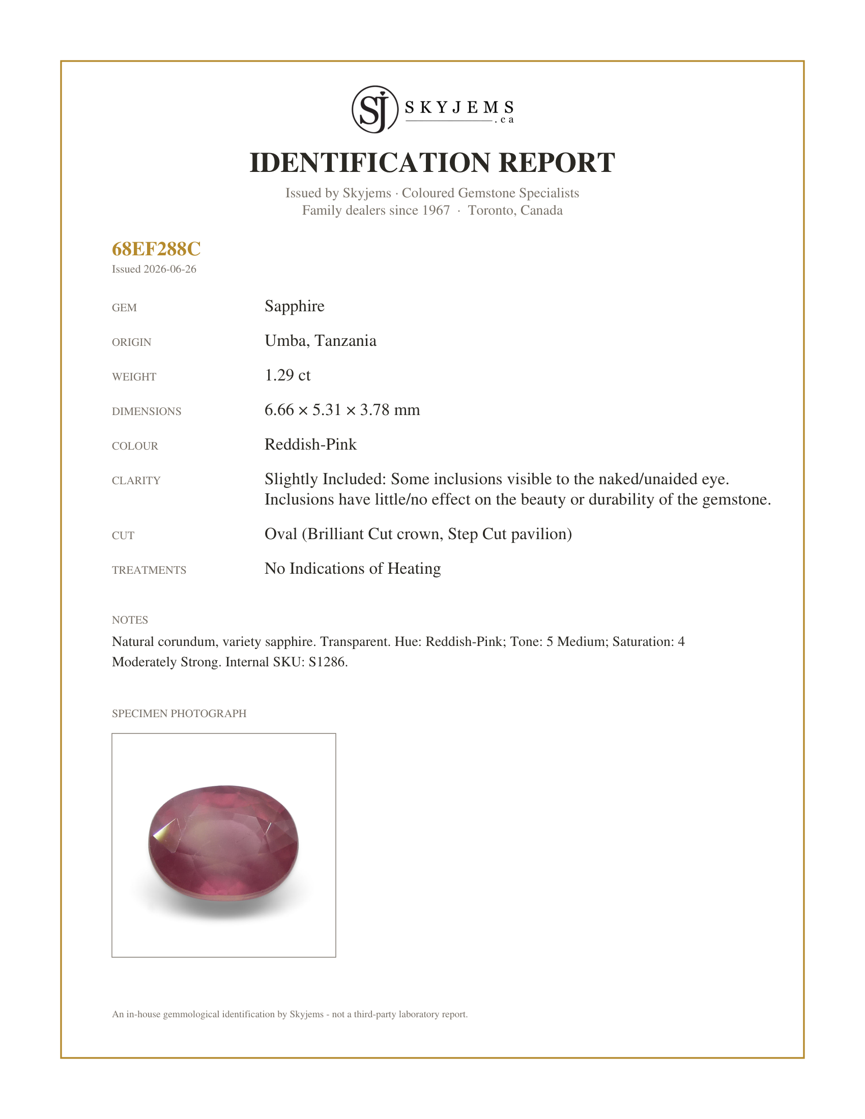 Skyjems Identification Report for S1286 — 1.29ct Oval Opalescent Reddish-Pink Sapphire from Umba, Tanzania, Unheated