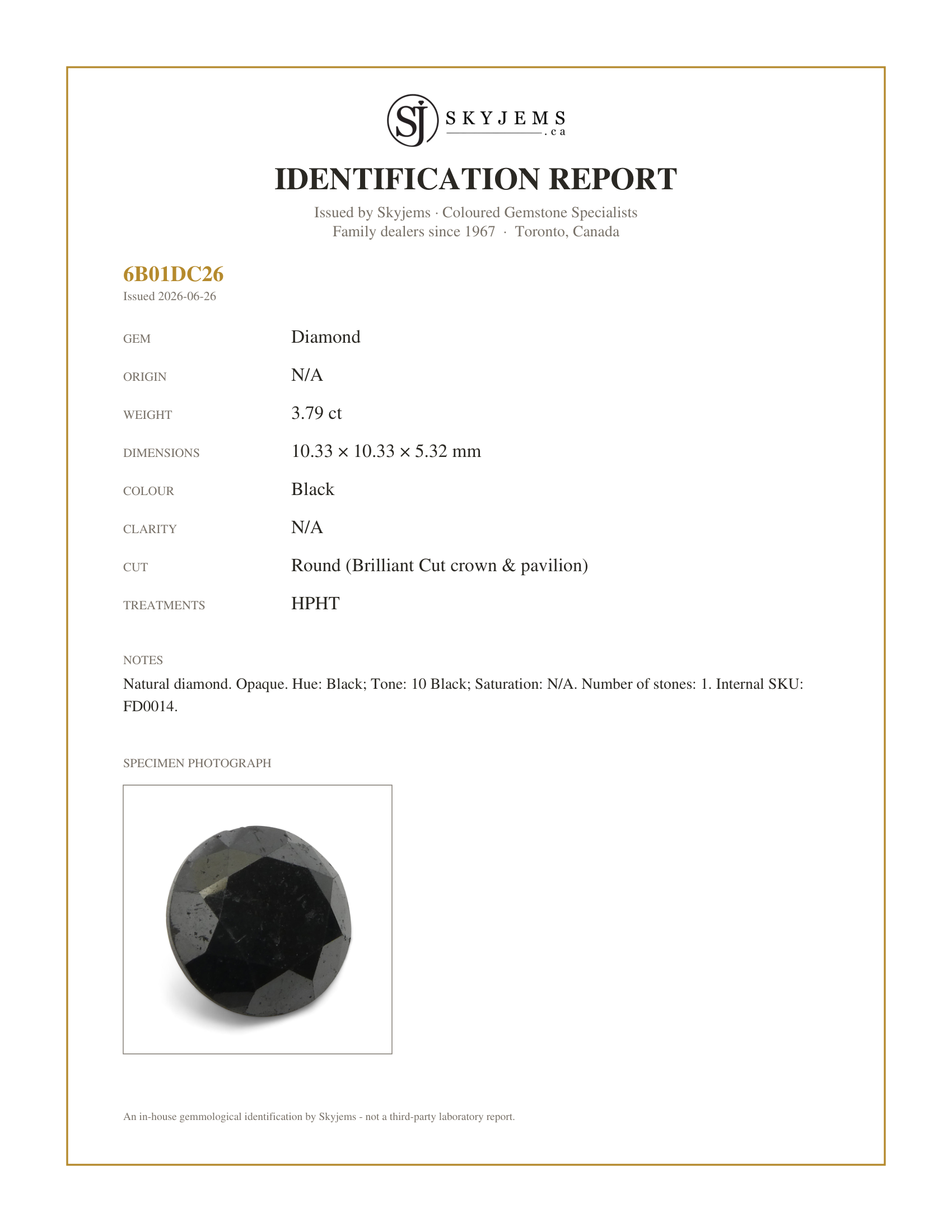 Skyjems Identification Report for FD0014 — 3.79ct Round Brilliant Cut Black Diamond