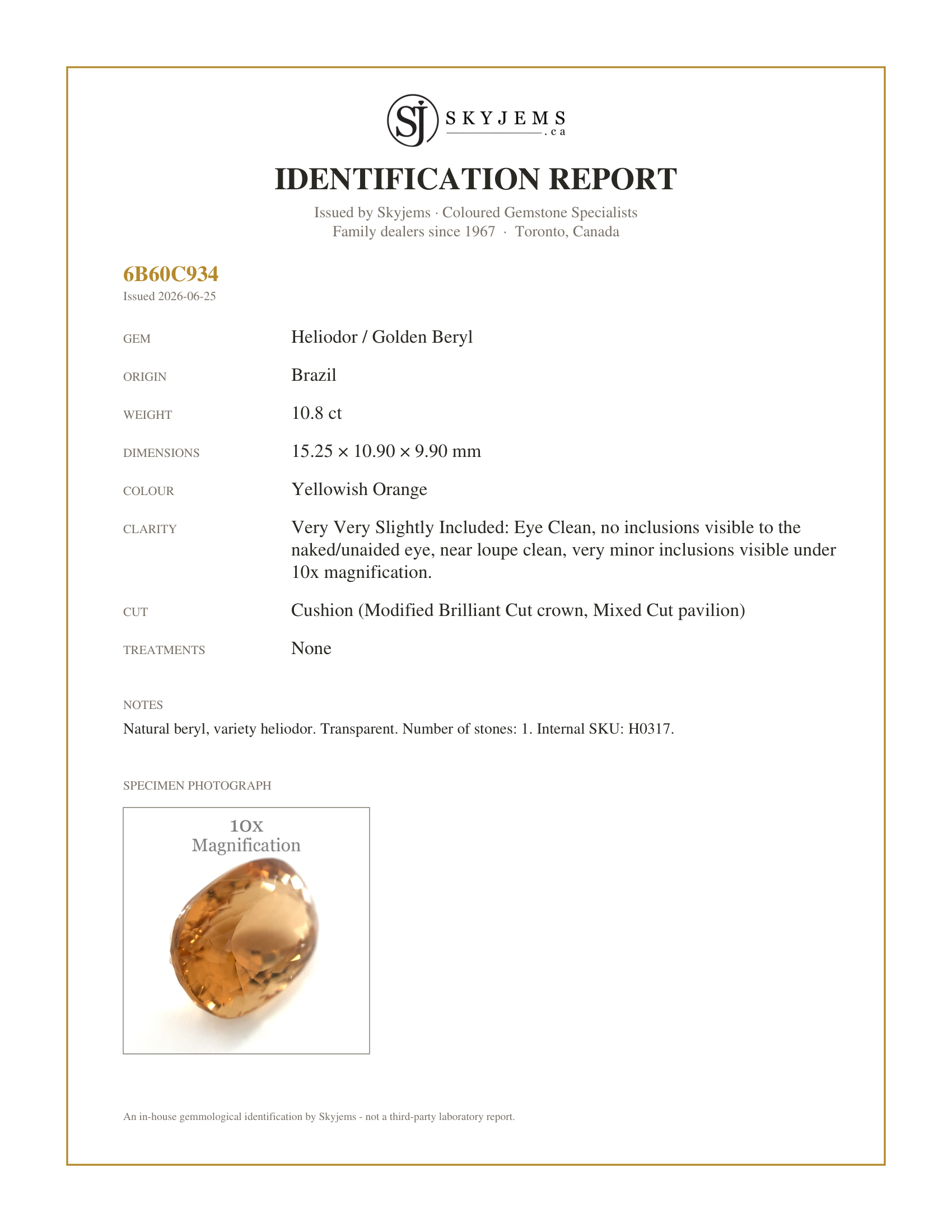 Skyjems Identification Report for H0317 — 10.80ct Cushion Heliodor, Golden Yellow Beryl