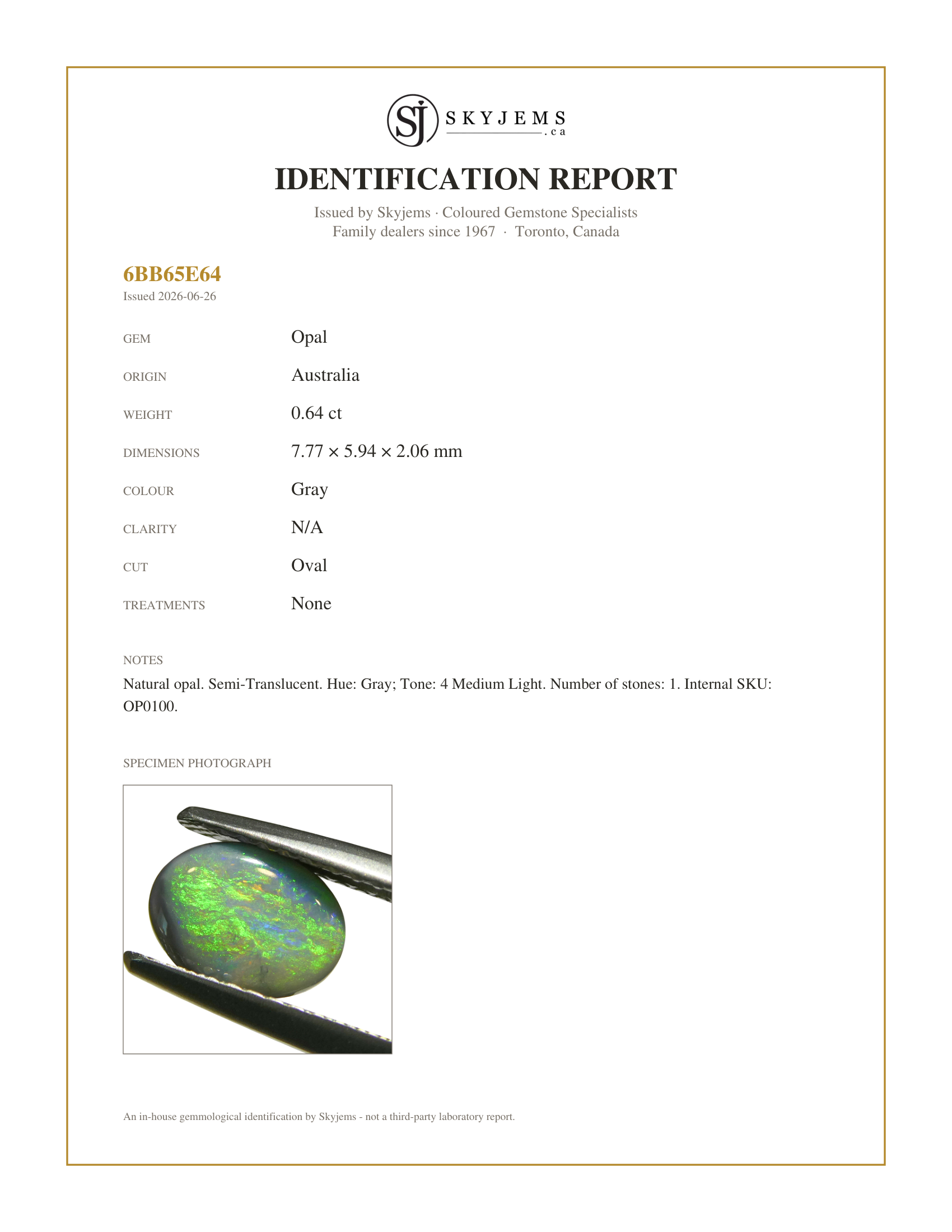 Skyjems Identification Report for OP0100 — 0.64ct Oval Cabochon Gray Opal from Australia