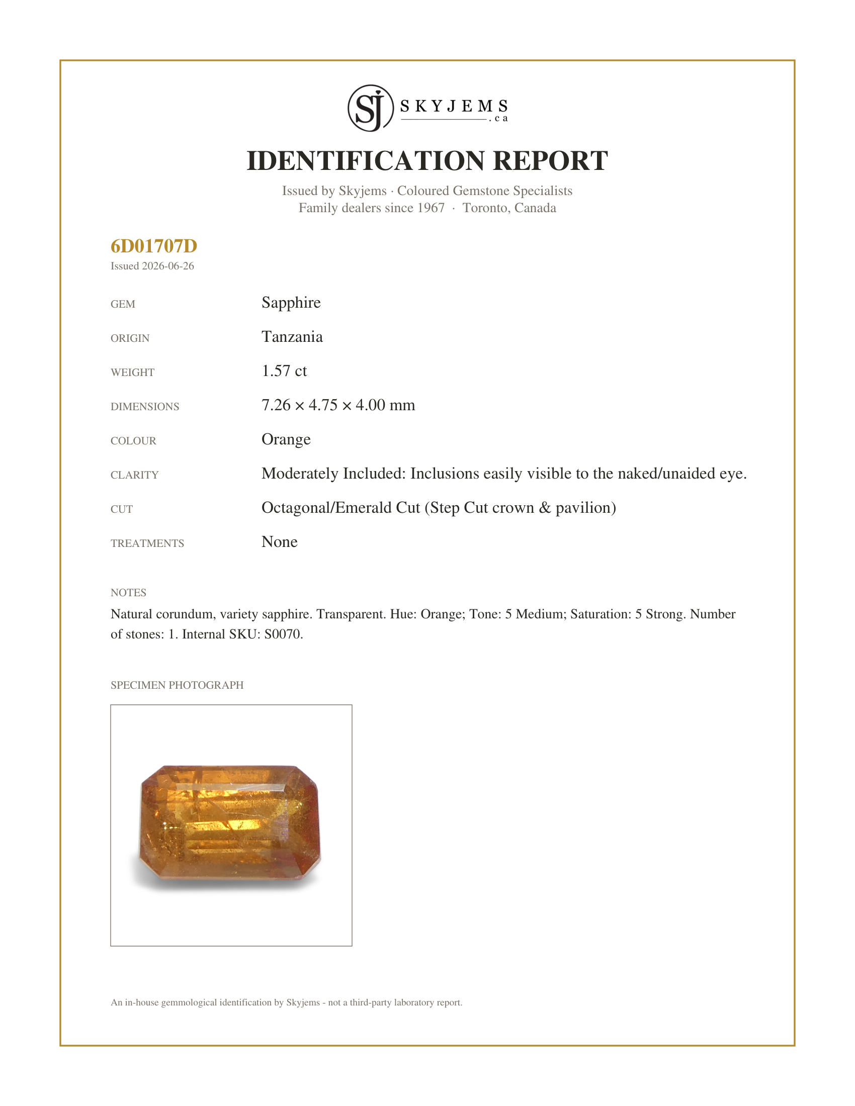 Skyjems Identification Report for S0070 — 1.57ct Octagonal/Emerald Cut Orange Sapphire from Tanzania, Unheated