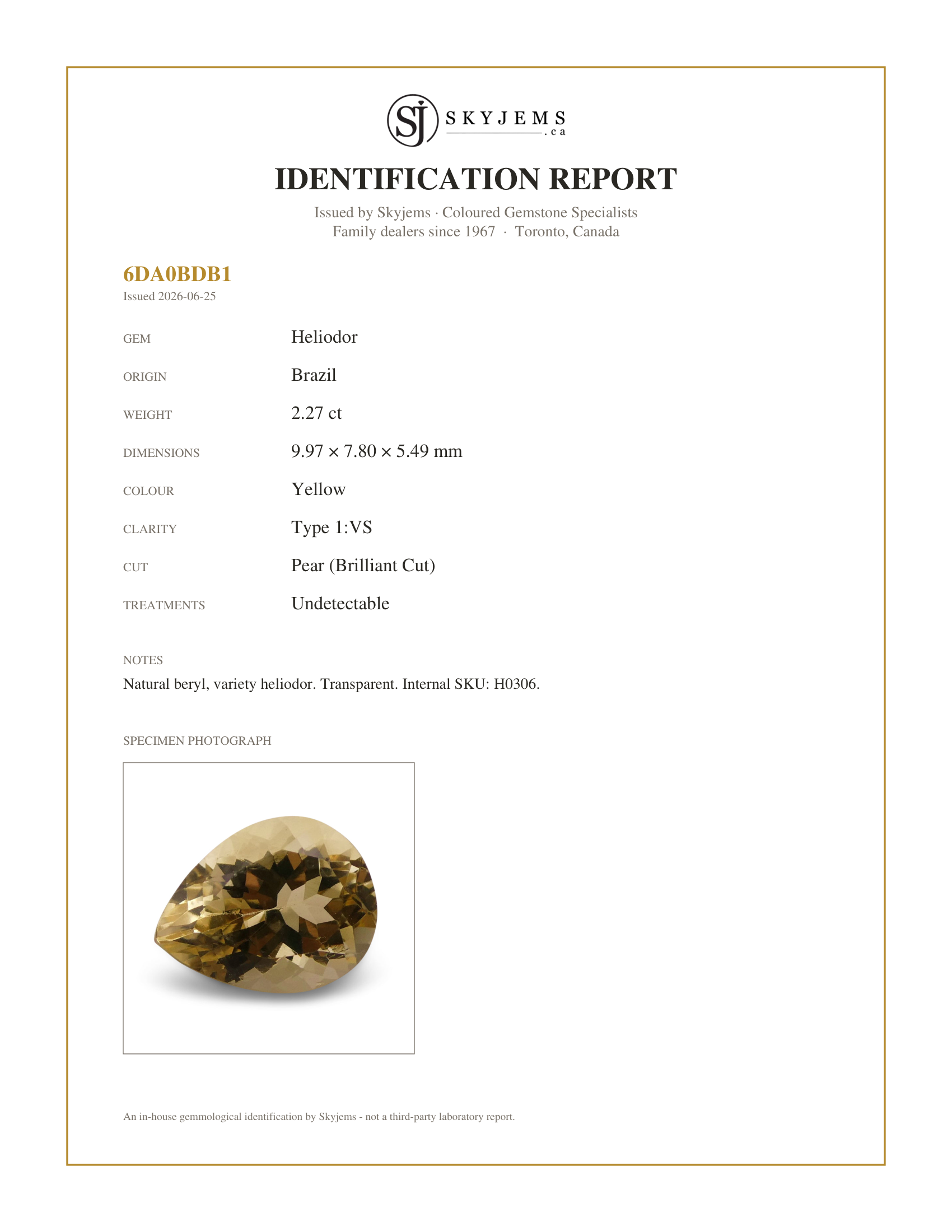 Skyjems Identification Report for H0306 — 2.27 ct Pear Heliodor, Golden Yellow Beryl