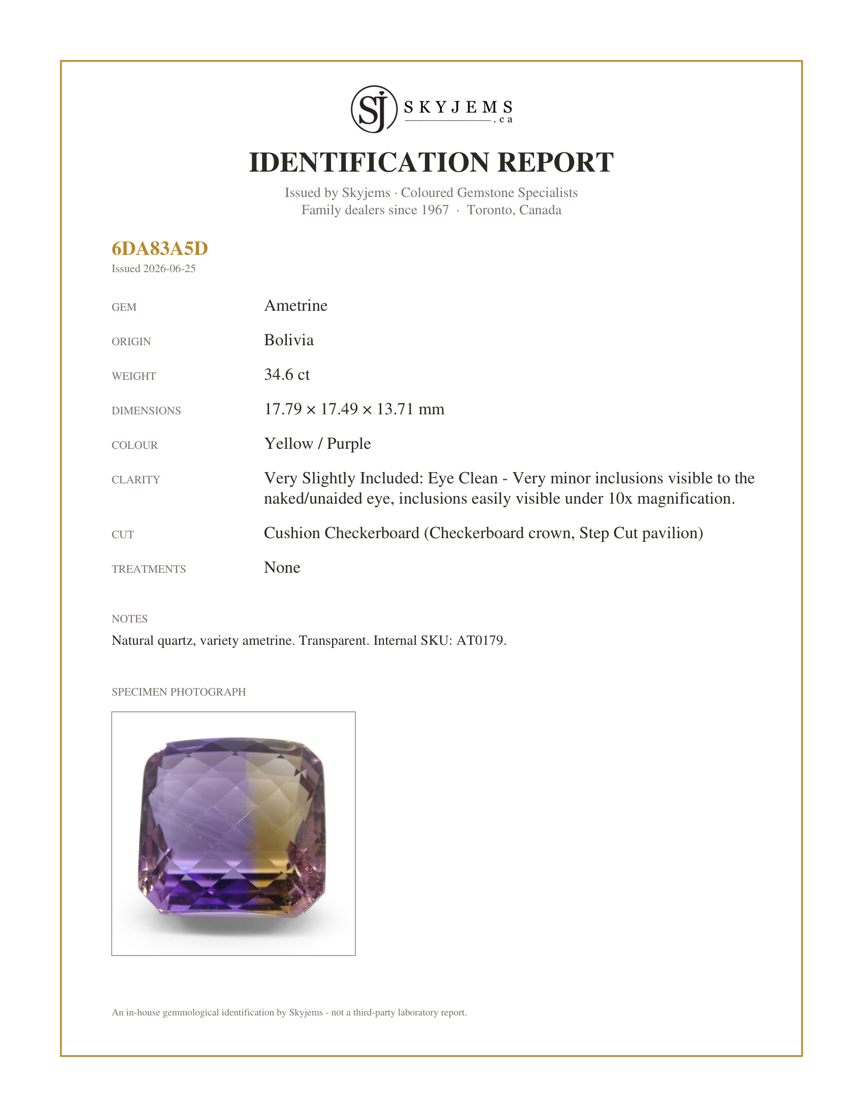 Skyjems Identification Report for AT0179 — 34.60 ct Cushion Checkerboard Ametrine, 100% Natural Very Rare Single Source Gem from Bolivia