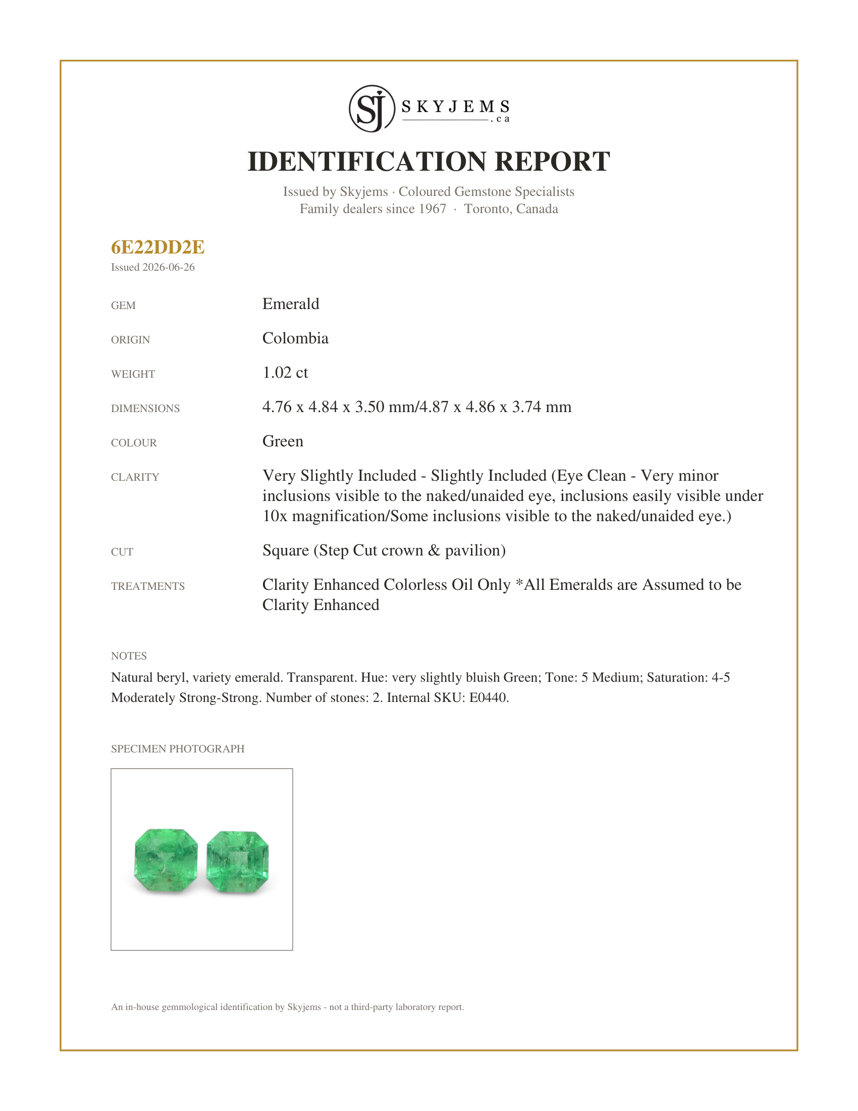 Skyjems Identification Report for E0440 — 1.02ct Pair Square Green Emerald from Colombia